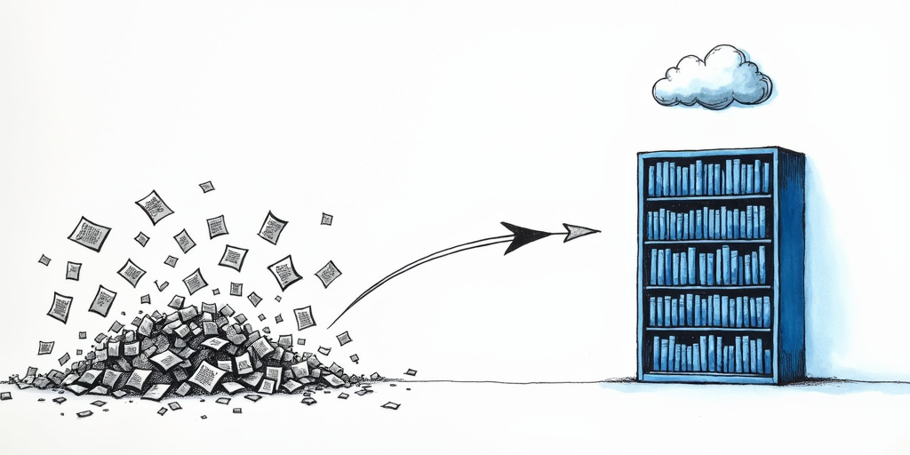 A chaotic scatter of loose paper sheets sweeping into a single tidy, well-organized bookshelf - config sprawl becoming one source of truth that stays on the machine