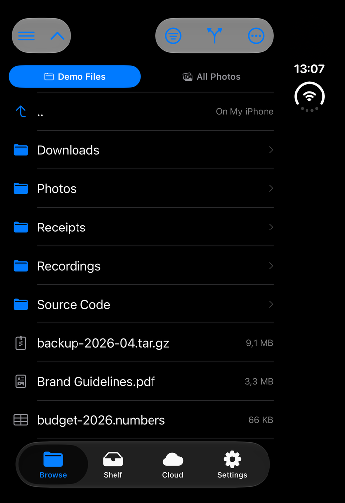 Folded: the phone layout on the cover display, one pane at a time. Demo Files is the active tab, in the same folder as before the fold, and a second tab is labelled All Photos. Browse, Shelf, Cloud and Settings in the tab bar.