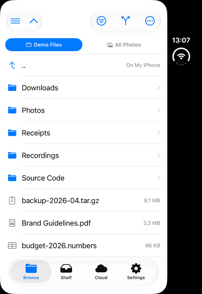 Folded: the phone layout on the cover display, one pane at a time. Demo Files is the active tab, in the same folder as before the fold, and a second tab is labelled All Photos. Browse, Shelf, Cloud and Settings in the tab bar.