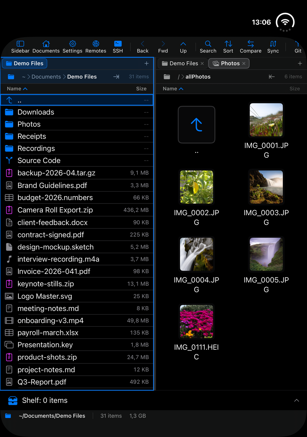 Unfolded: two panes side by side. Left, the Demo Files folder On My iPhone with its files and sizes; right, a Photos tab showing All Photos as a grid of six pictures. A command toolbar runs across the top and the Shelf and status bars along the bottom.