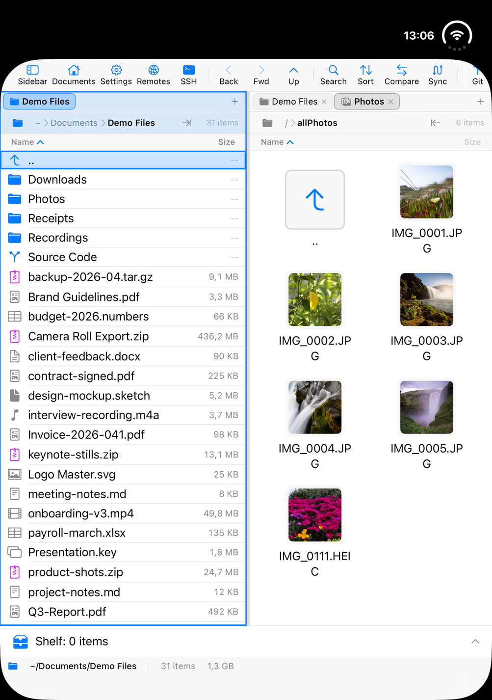 Unfolded: two panes side by side. Left, the Demo Files folder On My iPhone with its files and sizes; right, a Photos tab showing All Photos as a grid of six pictures. A command toolbar runs across the top and the Shelf and status bars along the bottom.