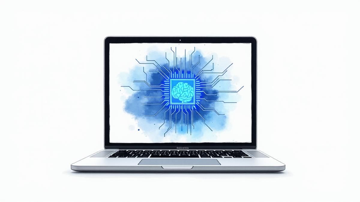 A laptop with a glowing blue neural chip on its screen, illustrating an AI model running entirely on the device