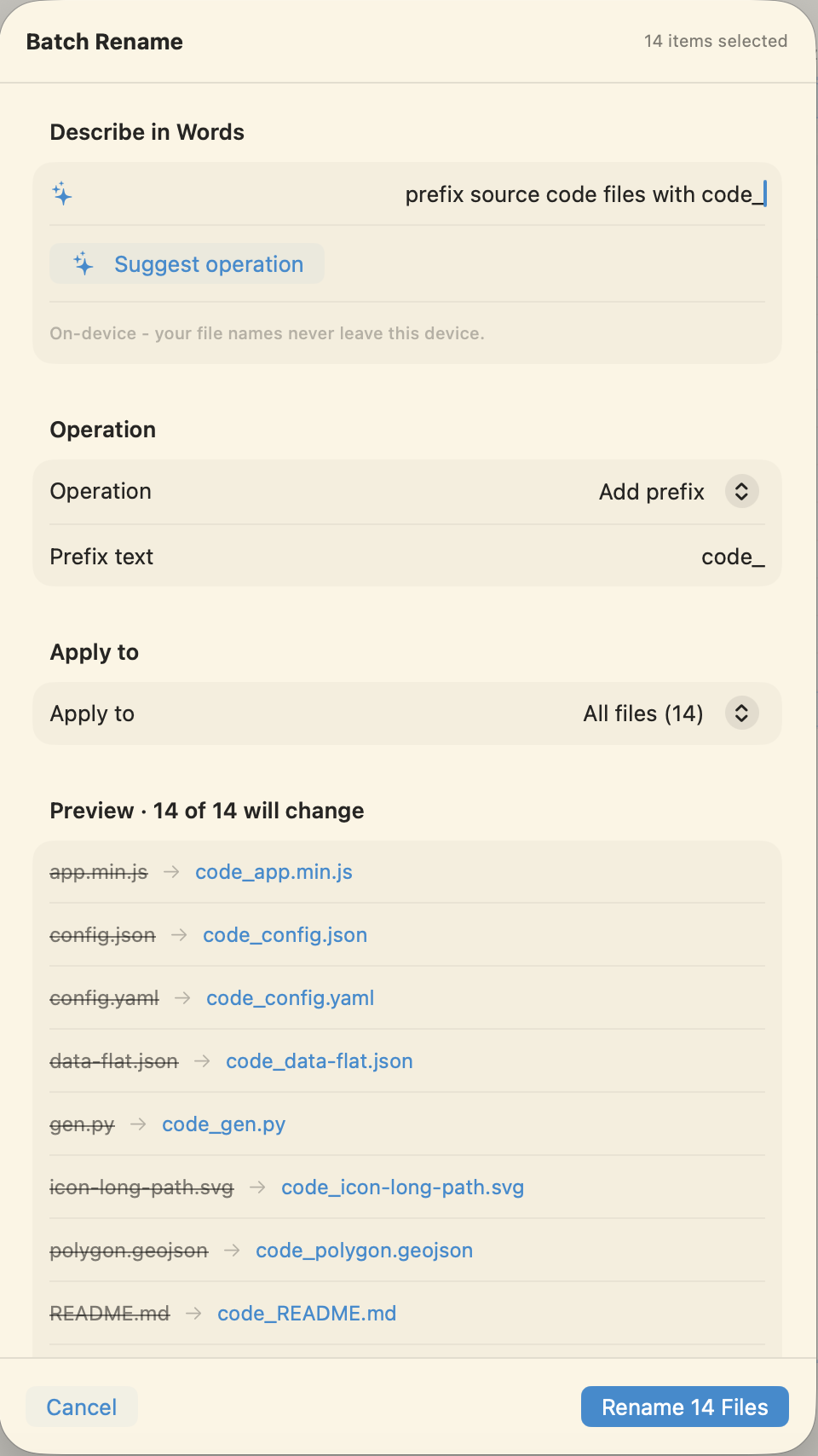 EmpiricCommander batch rename with the on-device AI command bar: the typed request 'prefix source code files with code_' resolved to an Add prefix operation, with a live preview of the renamed files