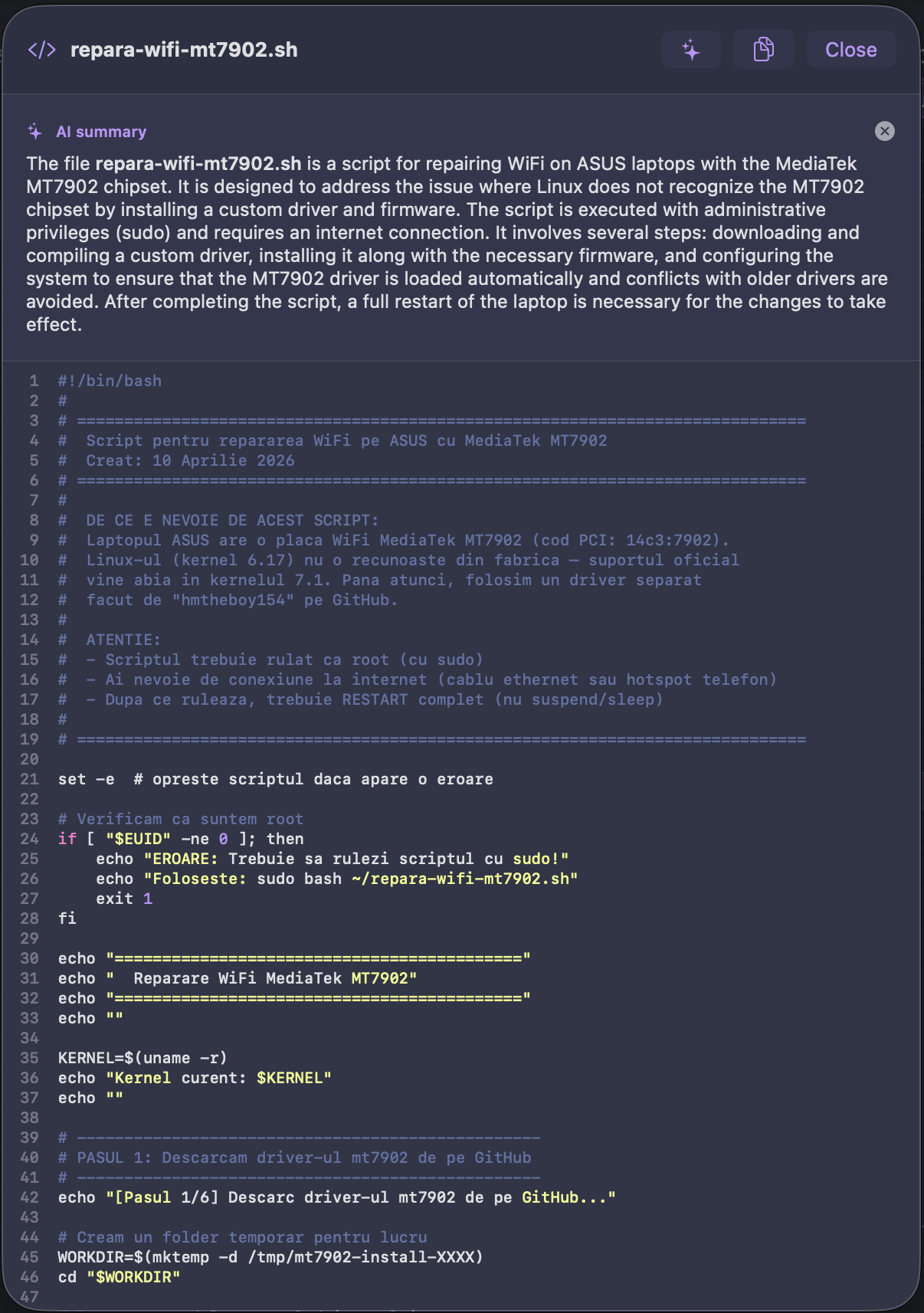 EmpiricCommander Rich Preview showing an on-device AI summary panel above a bash script, explaining what the WiFi-repair script does