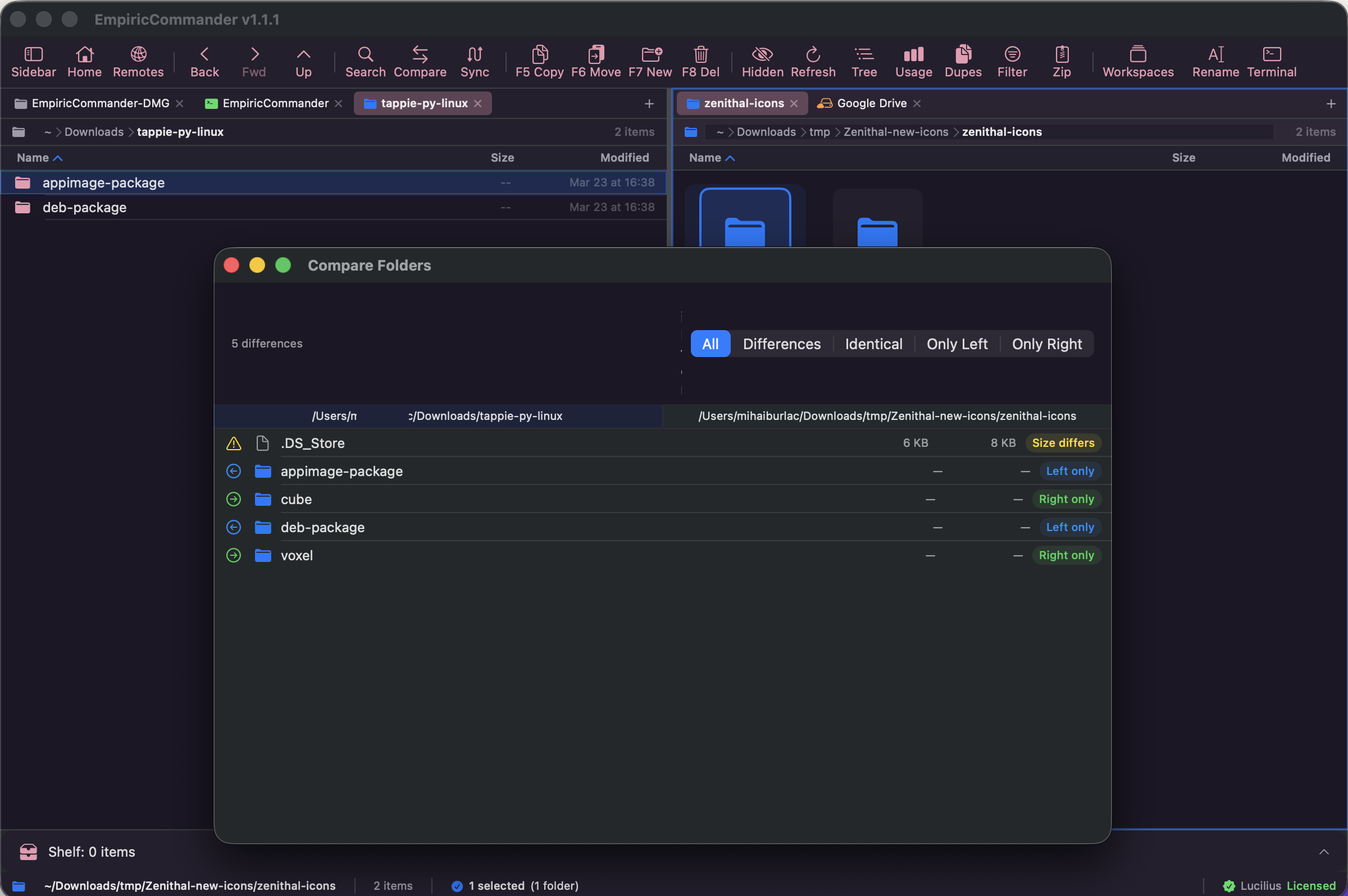 EmpiricCommander Compare Folders feature showing differences between two directories