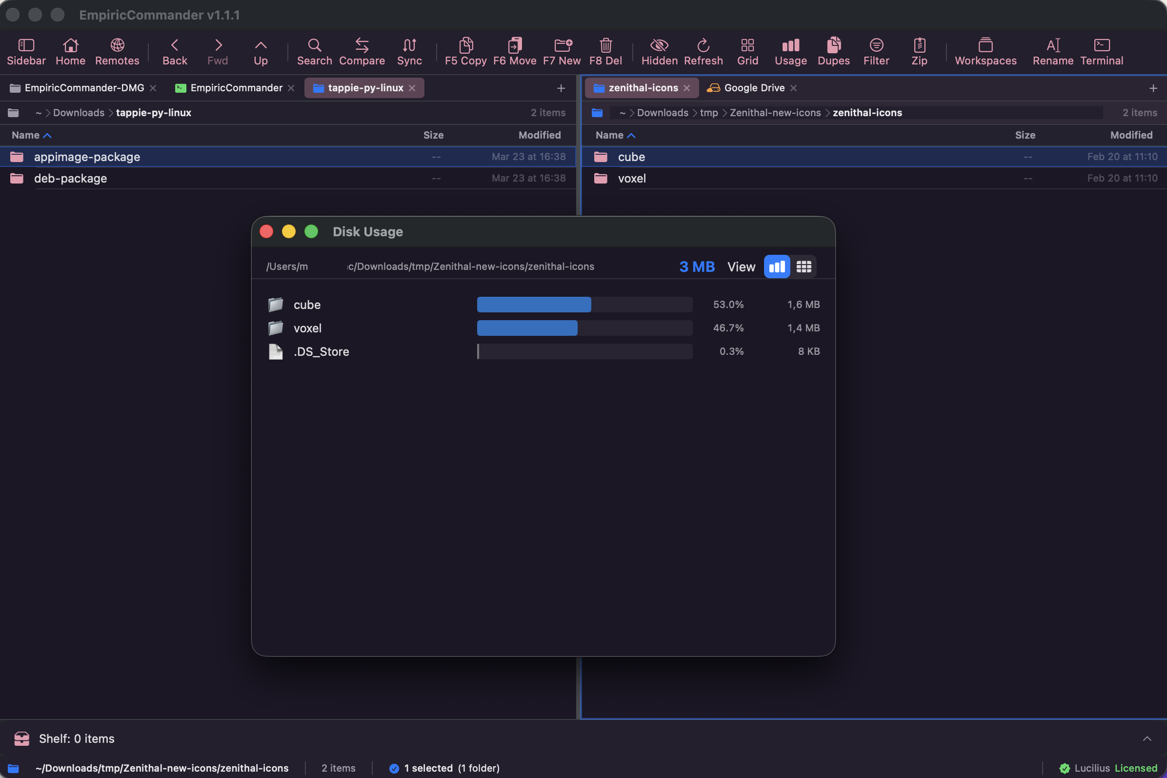 EmpiricCommander Disk Usage analyzer showing folder sizes with visual bar chart