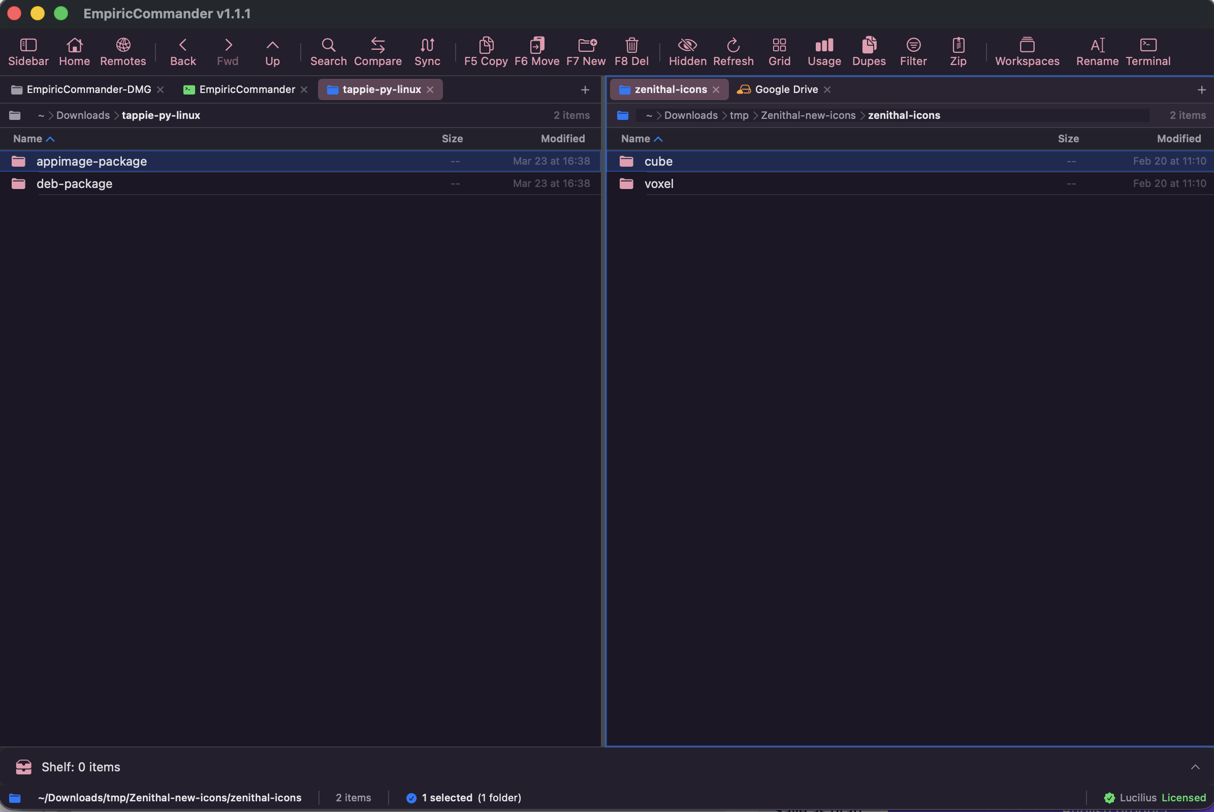 EmpiricCommander on macOS: two panes side by side, a local folder on the left and a remote server on the right, with transfer progress running