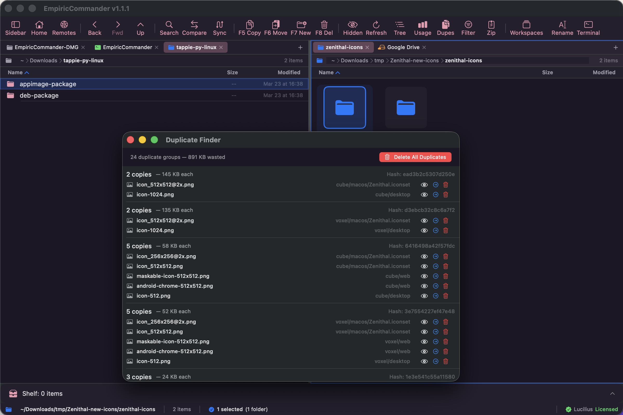 EmpiricCommander Duplicate Finder detecting duplicate files with size and group information
