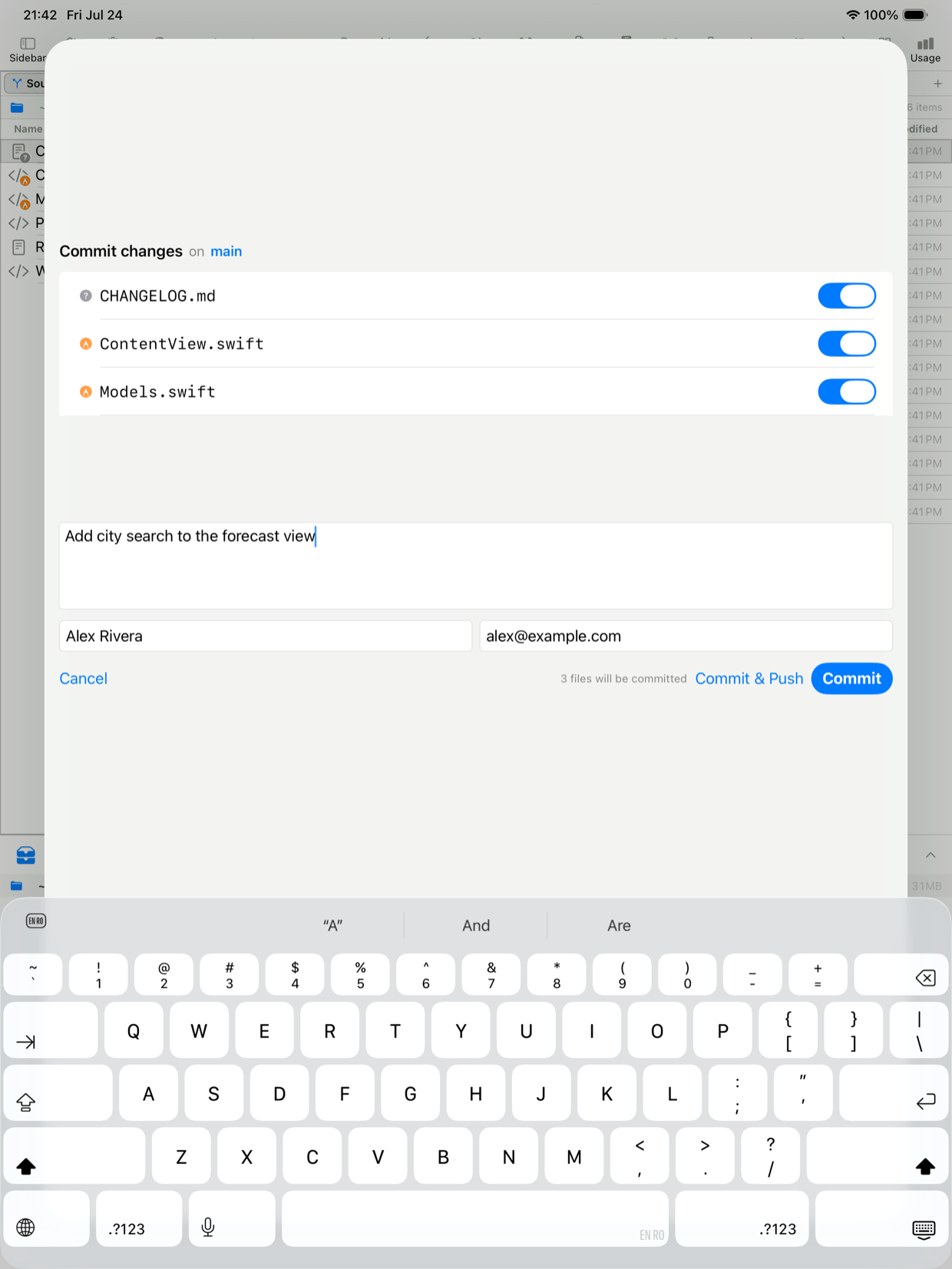 Commit sheet on iPad with a message, author, and Commit & Push buttons