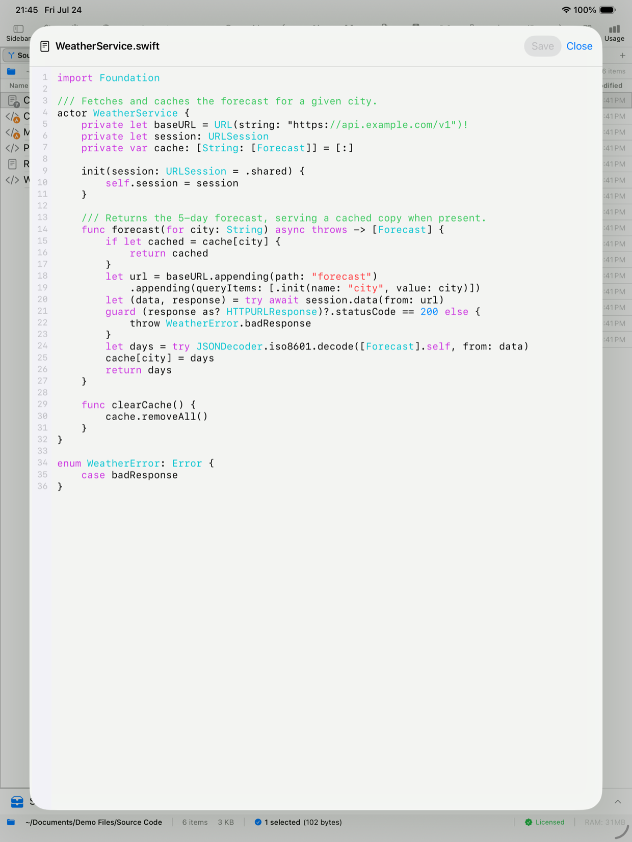 Editing a Swift file on iPad in EmpiricCommander's built-in editor with syntax highlighting and line numbers