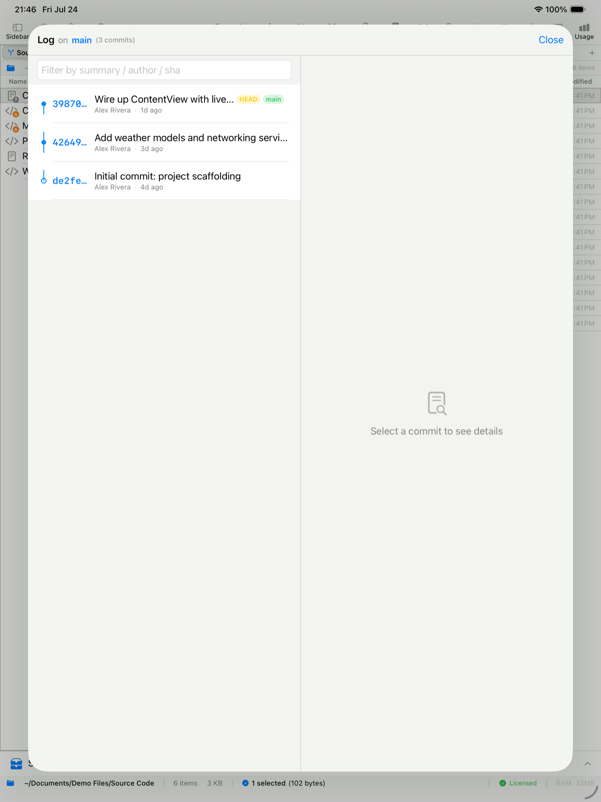 Commit history log on the main branch, viewed on iPad in EmpiricCommander