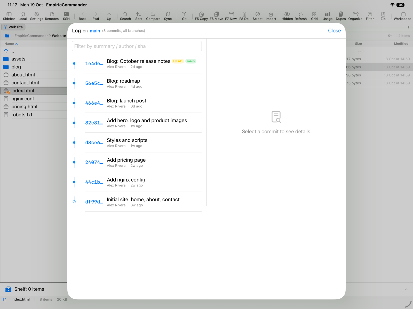 EmpiricCommander on iPad: the Git log of a website repository, eight commits on main