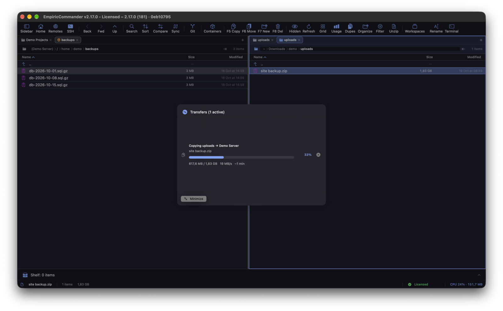 EmpiricCommander on Mac: a local folder and an SFTP server side by side, with a 1.83 GB upload in progress
