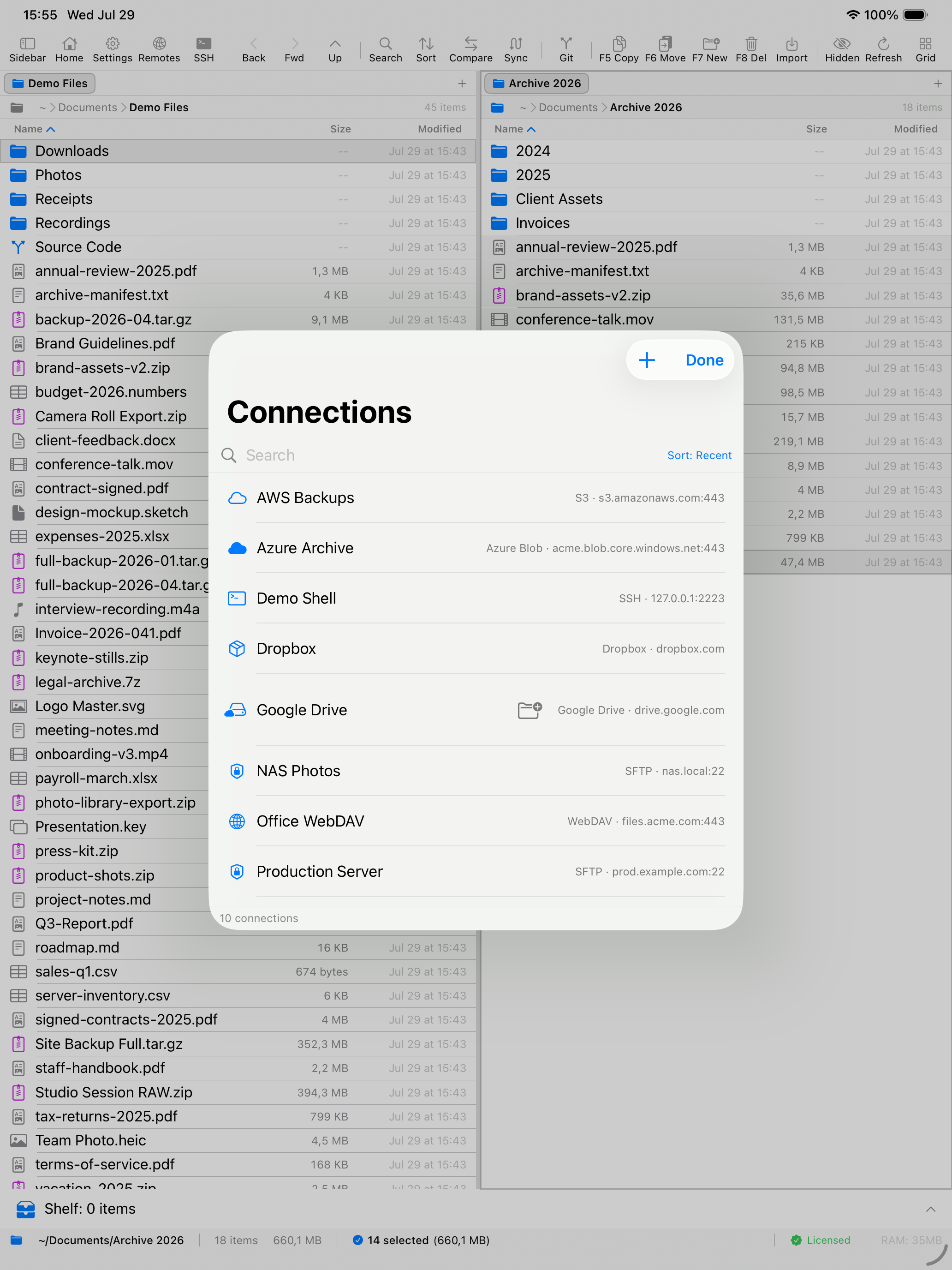 EmpiricCommander on iPad: the Connections sheet listing saved S3, Azure Blob, SSH, SFTP and WebDAV servers over a dual-pane file listing