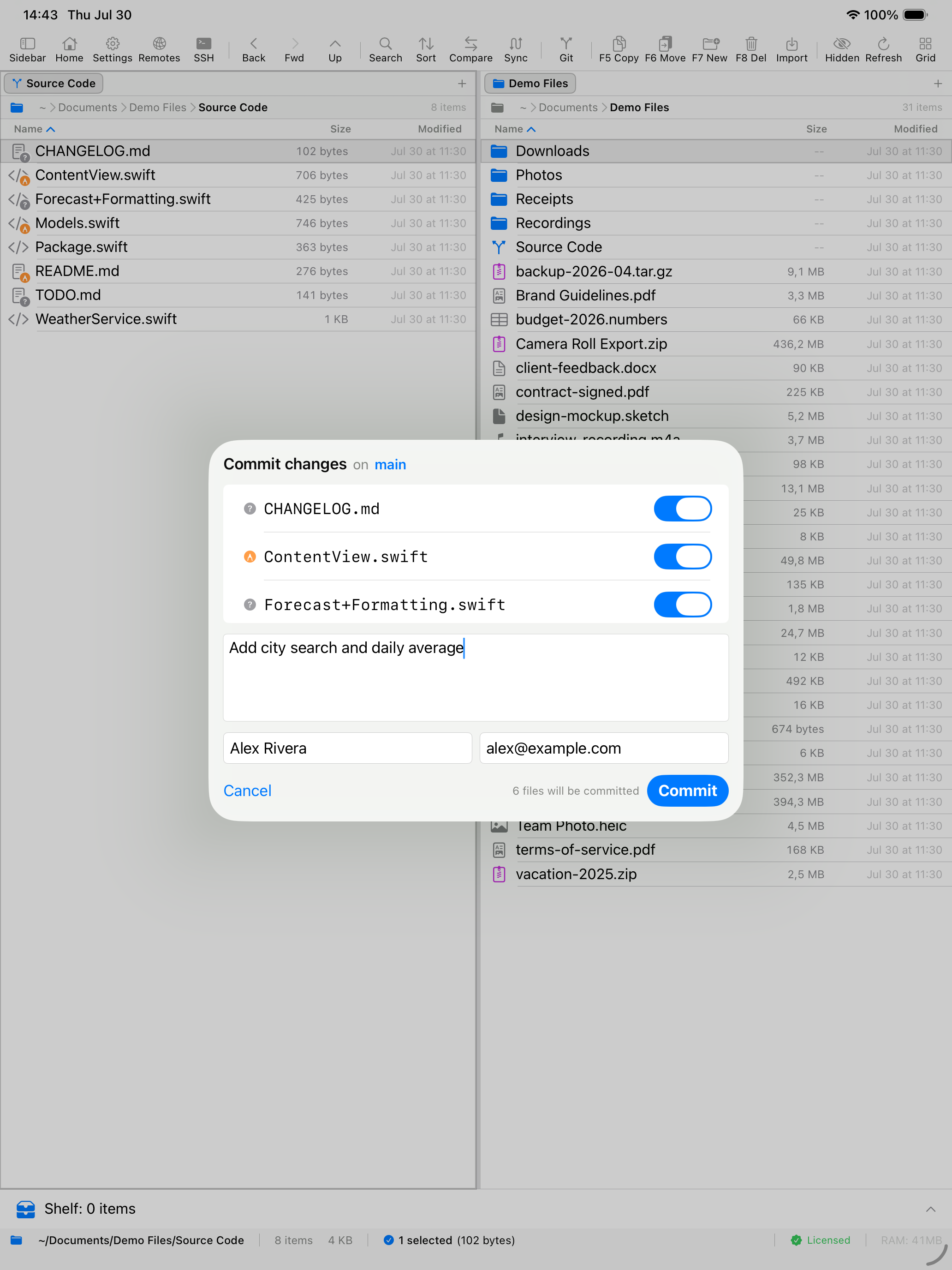 EmpiricCommander on iPad: the Commit changes sheet on the main branch, three staged files toggled on, a commit message, and author name and email