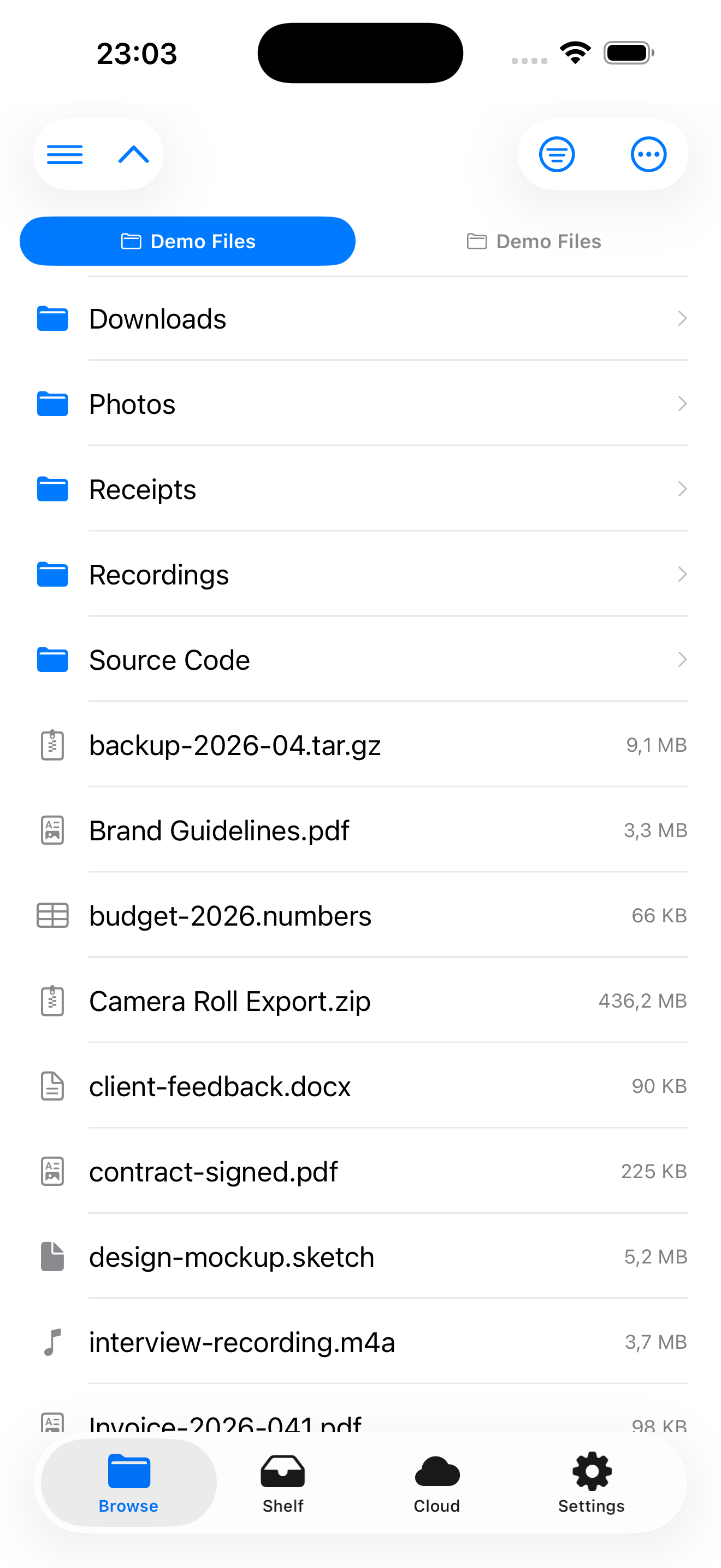 EmpiricCommander on iPhone: a local folder listing with folders and files, sizes shown, and the Browse, Shelf, Cloud and Settings tab bar