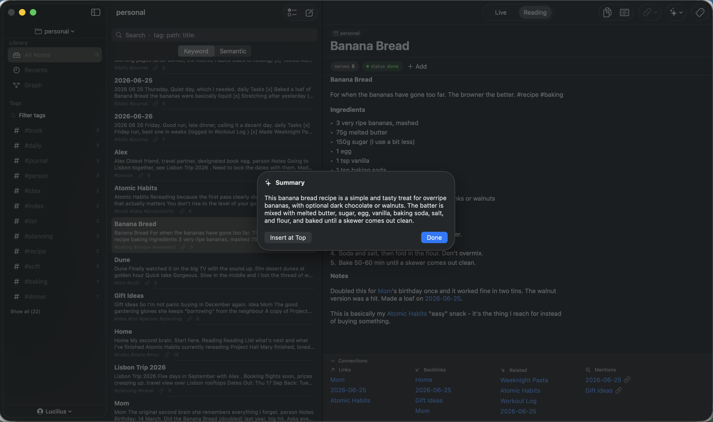 Metis on-device AI summarizing a note, generated locally on macOS