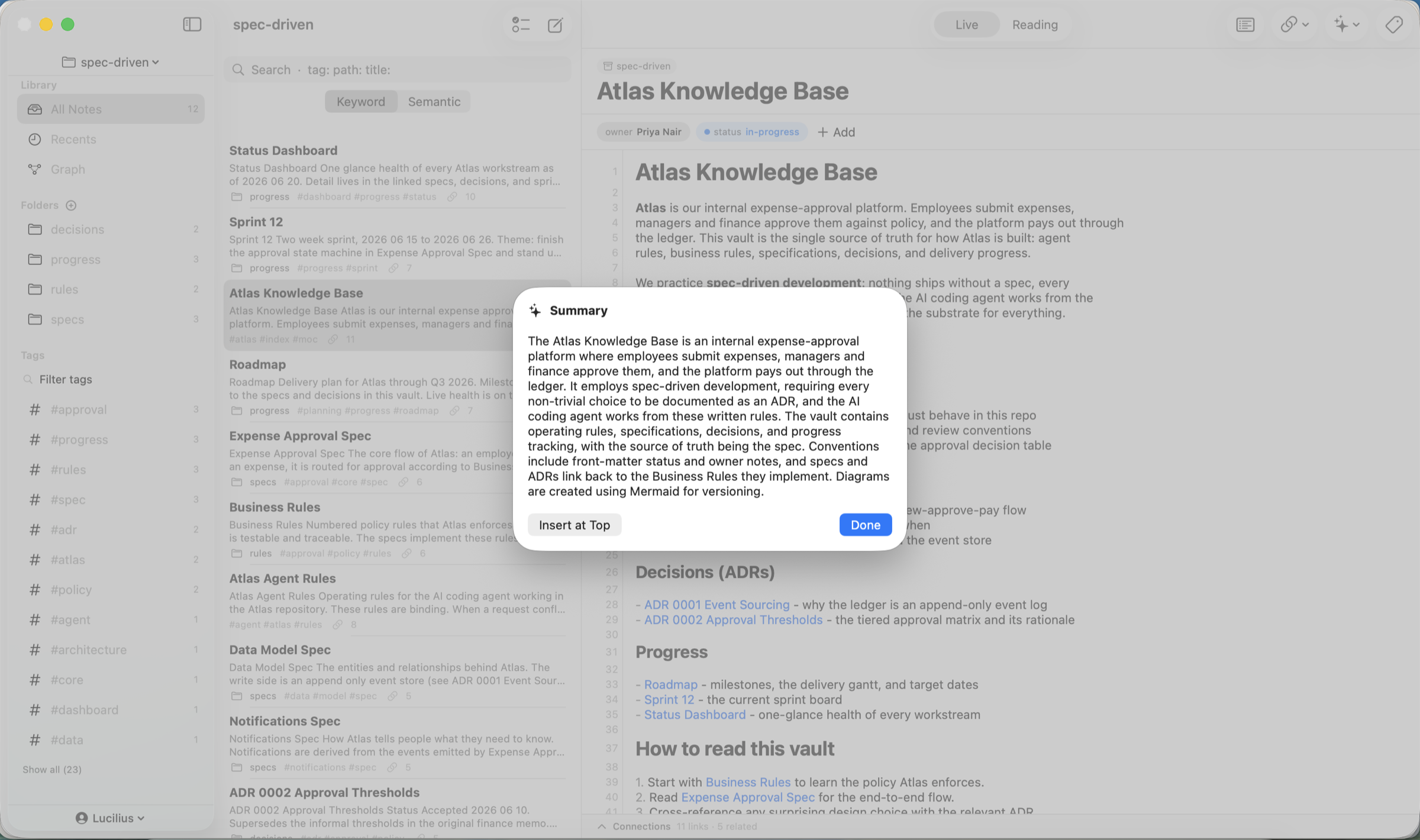 Metis on-device AI summarizing a note, generated locally on macOS