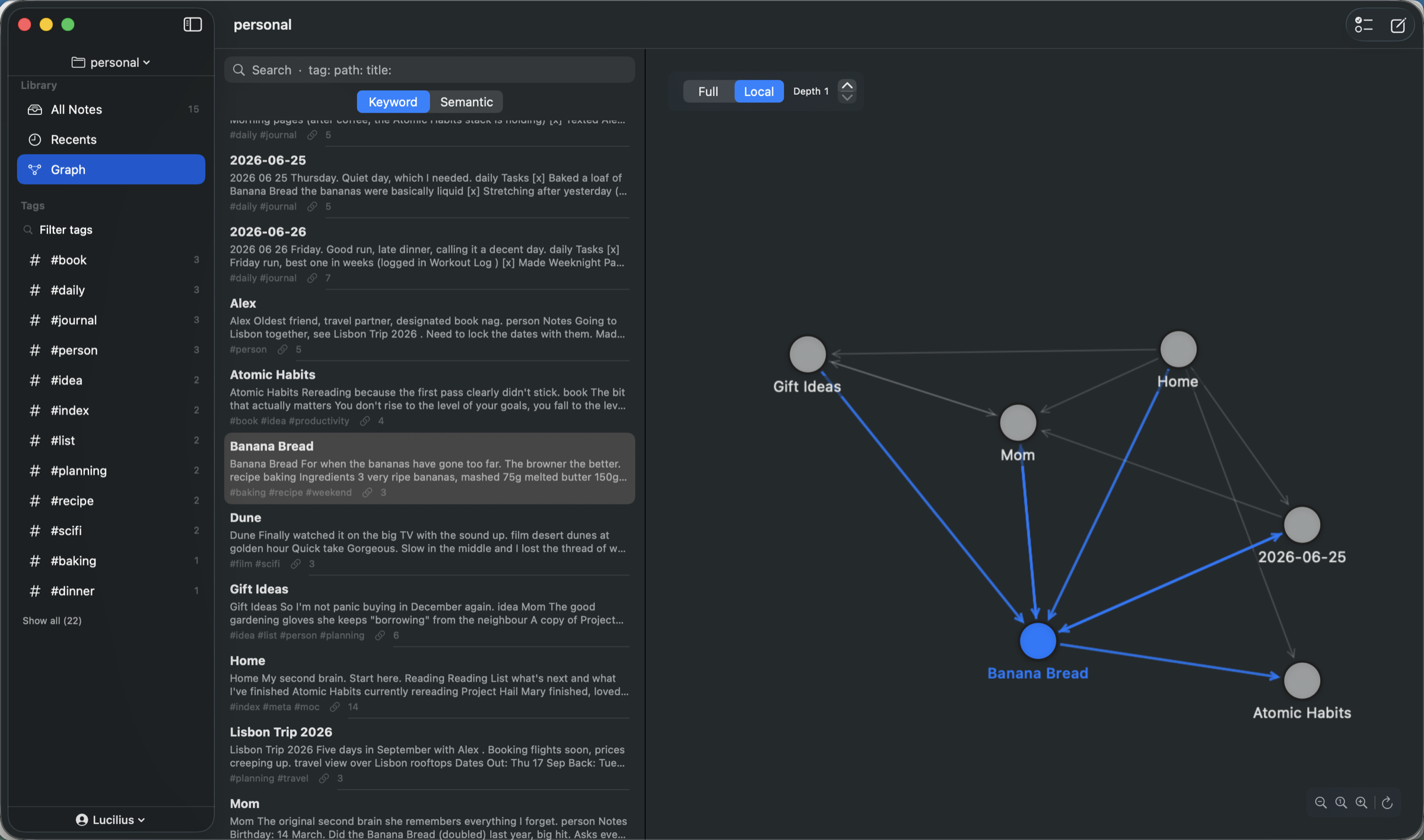 Metis graph view of linked notes on macOS