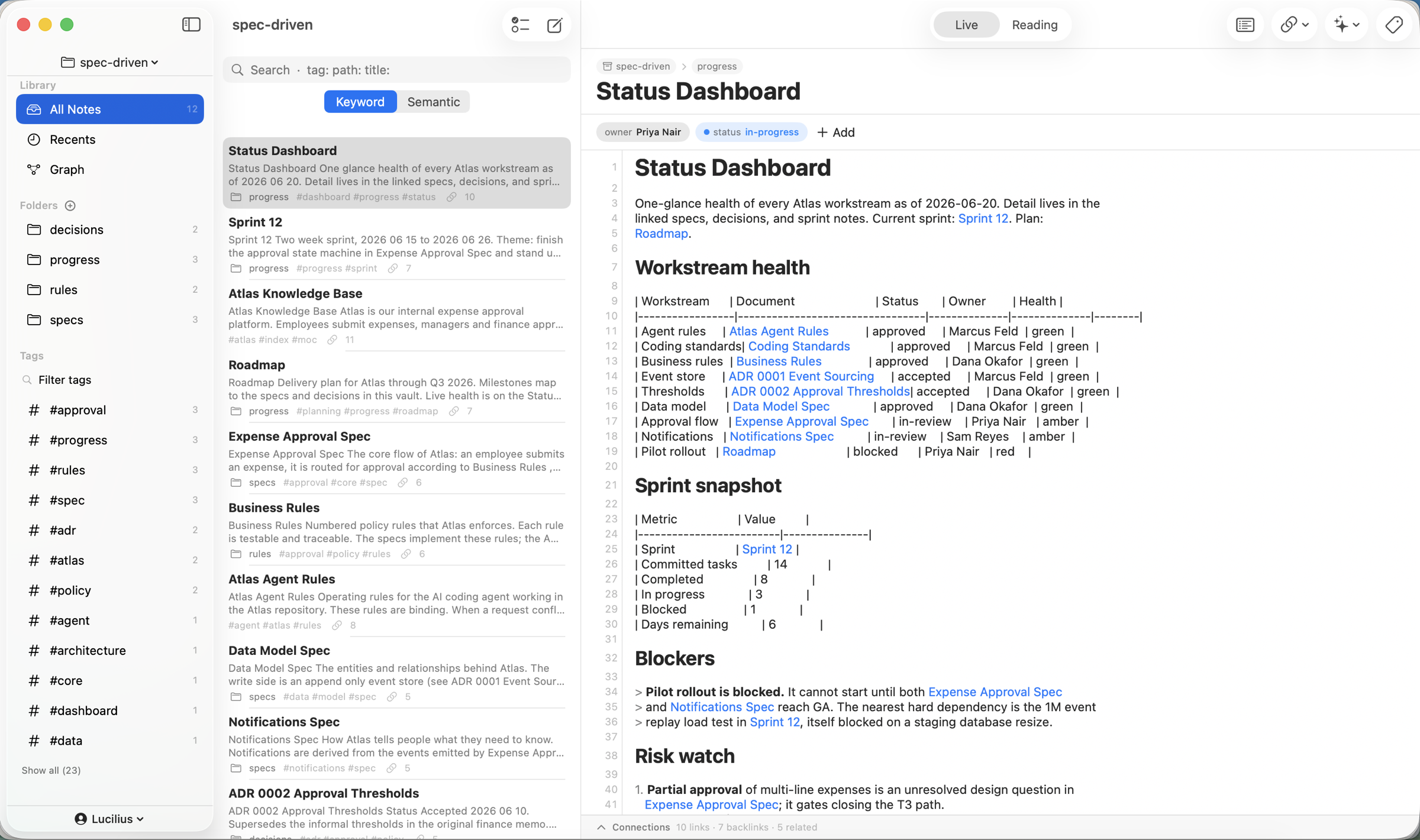 Metis status dashboard built from Markdown tables, typed properties, and linked notes on macOS