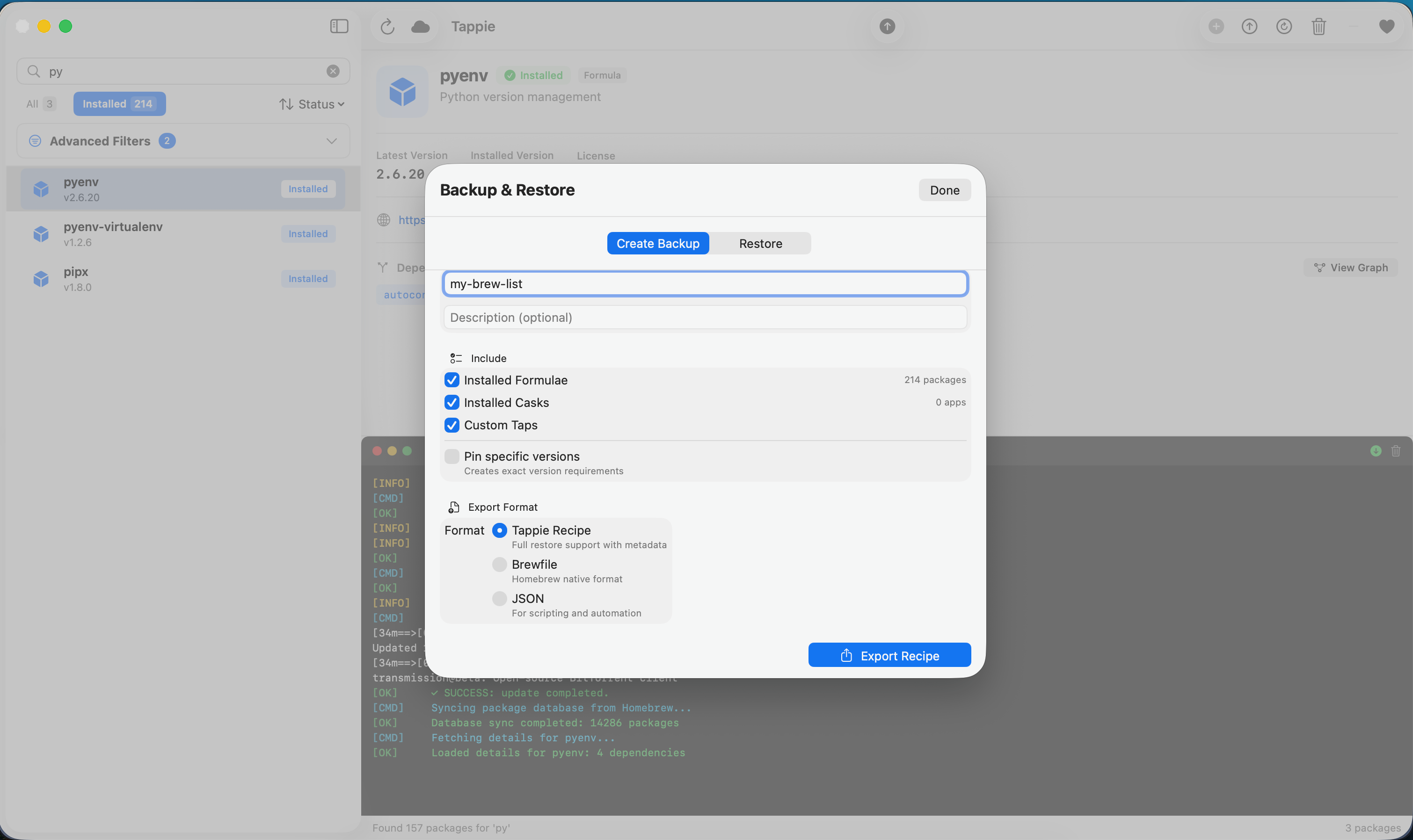 Tappie backup dialog with export options