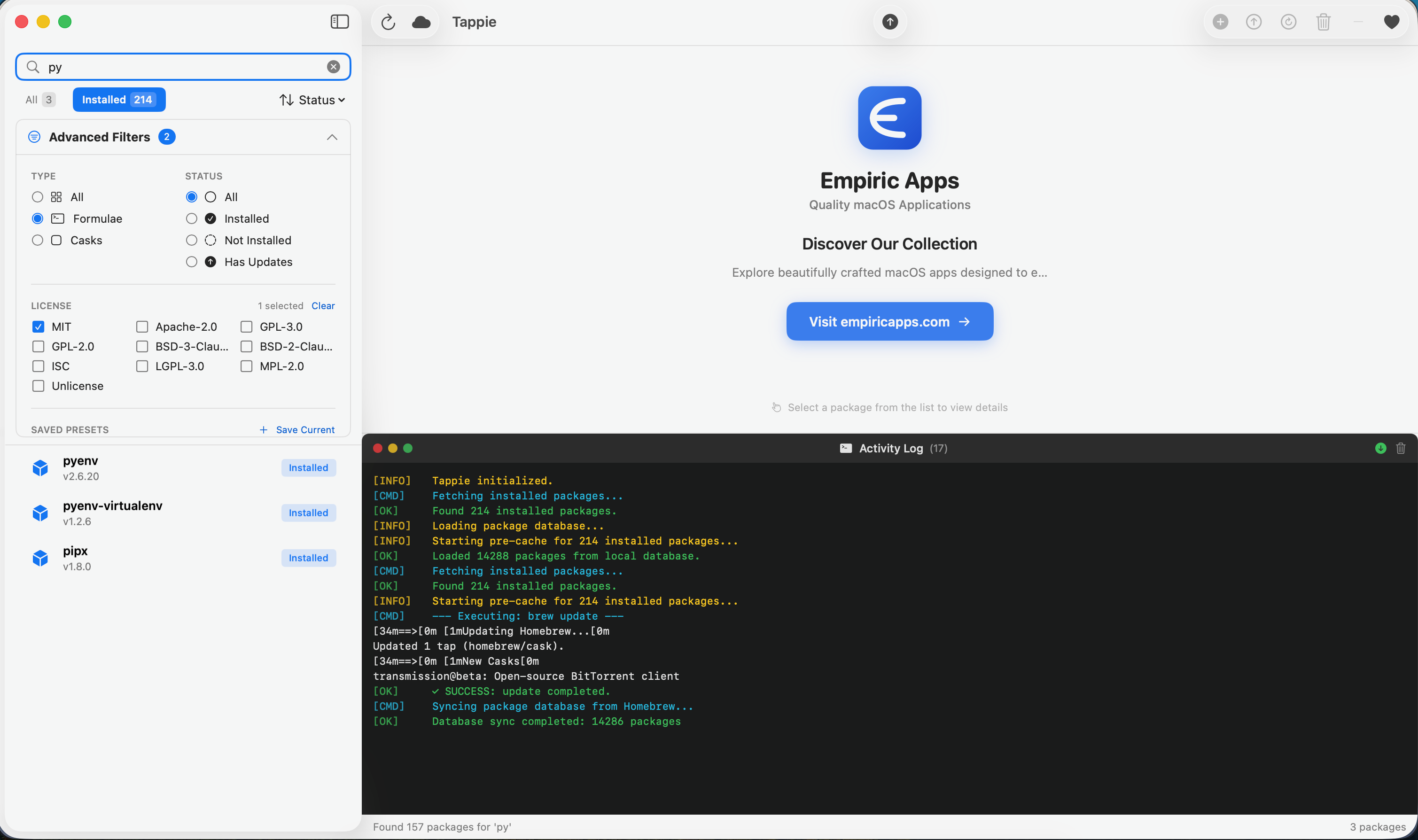 Tappie search in action showing filtered package results