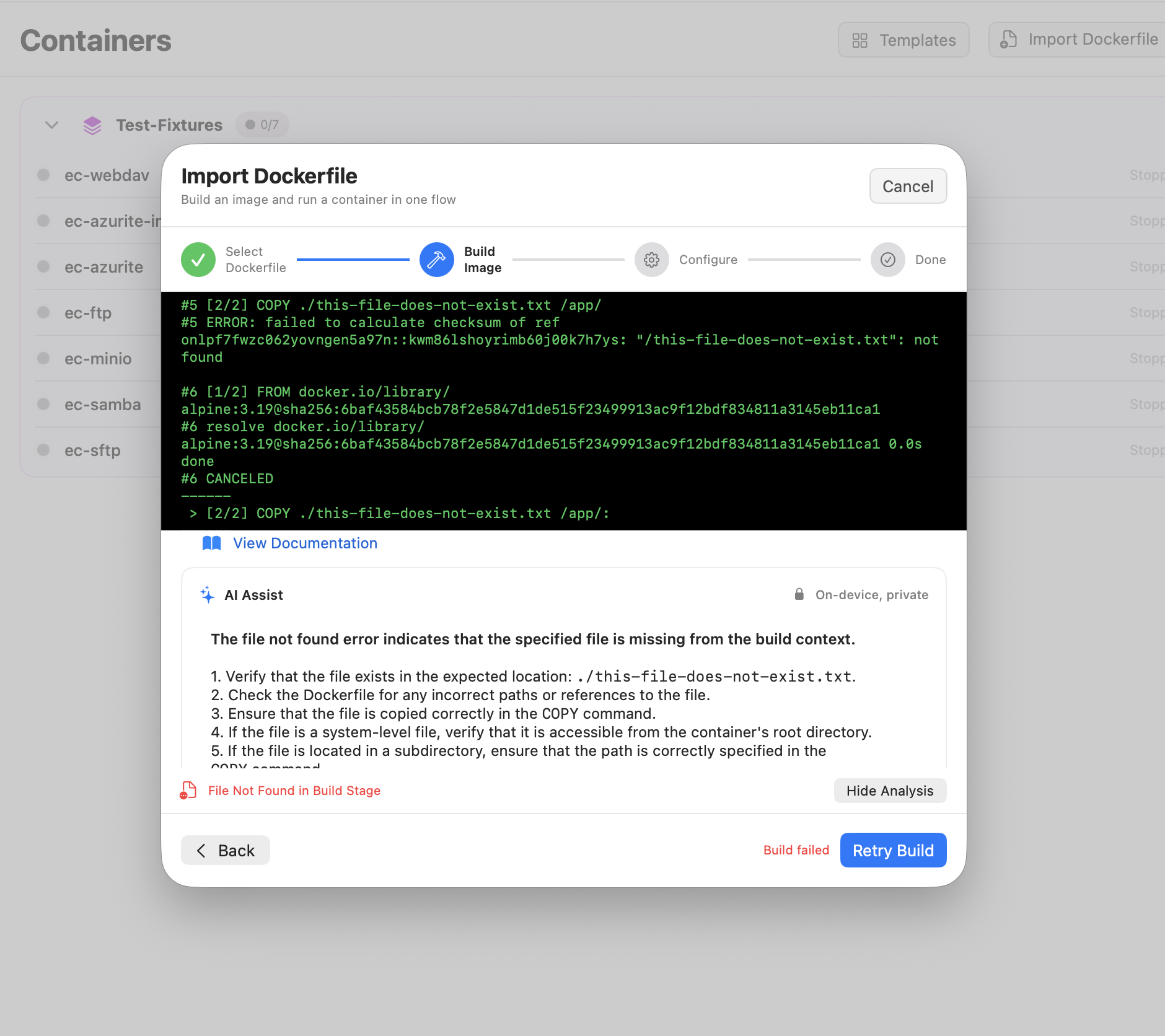 Zenithal AI Assist explaining a failed Docker build in plain English, with numbered fix steps and an on-device, private badge