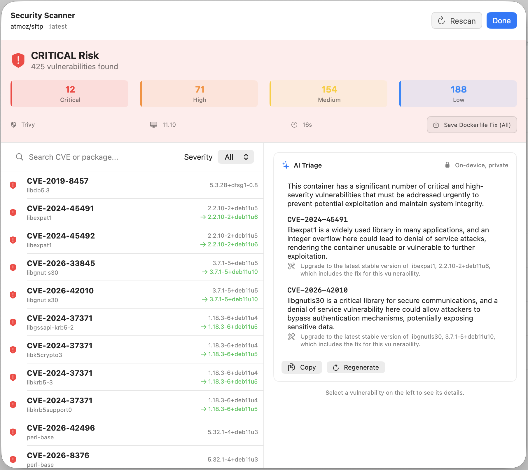 Zenithal AI Triage prioritizing the most important CVEs from a security scan of 425 vulnerabilities, with remediation guidance and an on-device, private badge