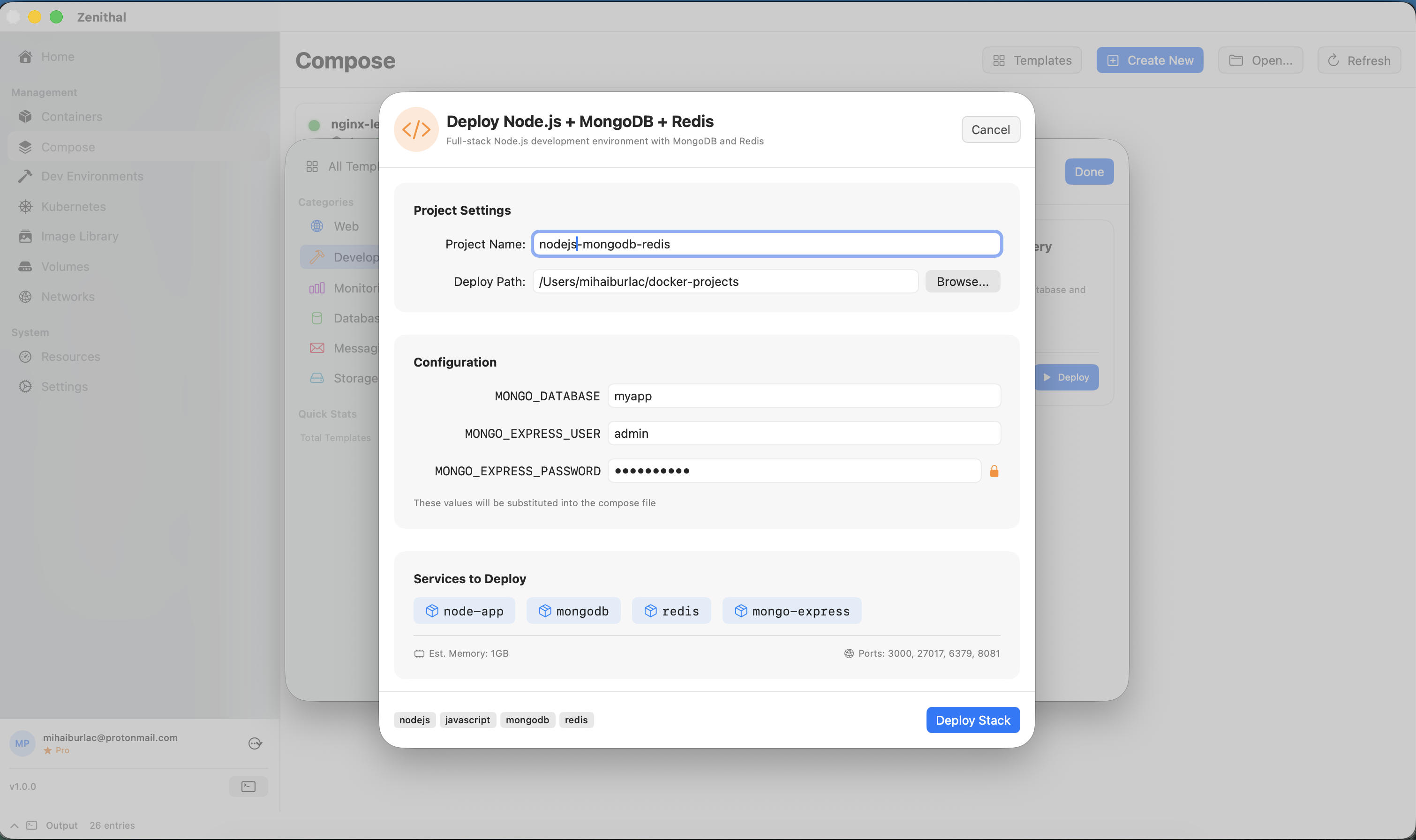 Zenithal Compose deployment configuration with validation results and deploy options