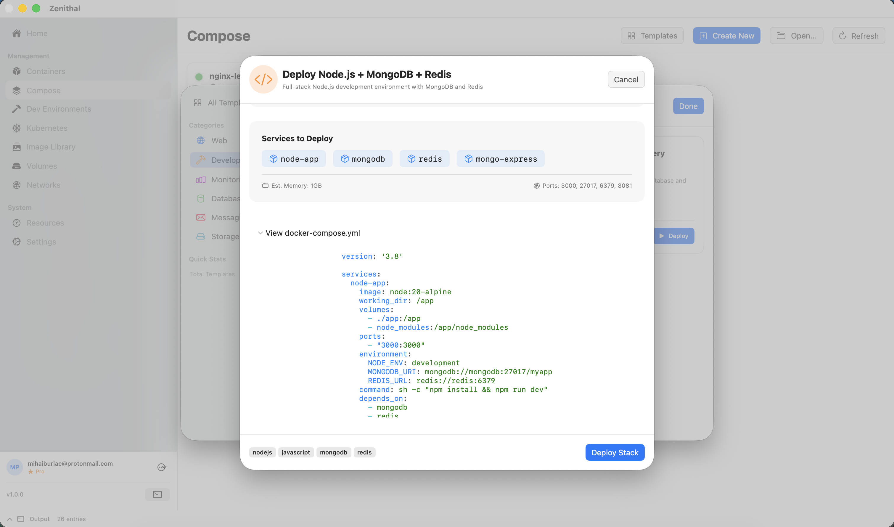 Zenithal Compose YAML preview showing the generated docker-compose.yml configuration