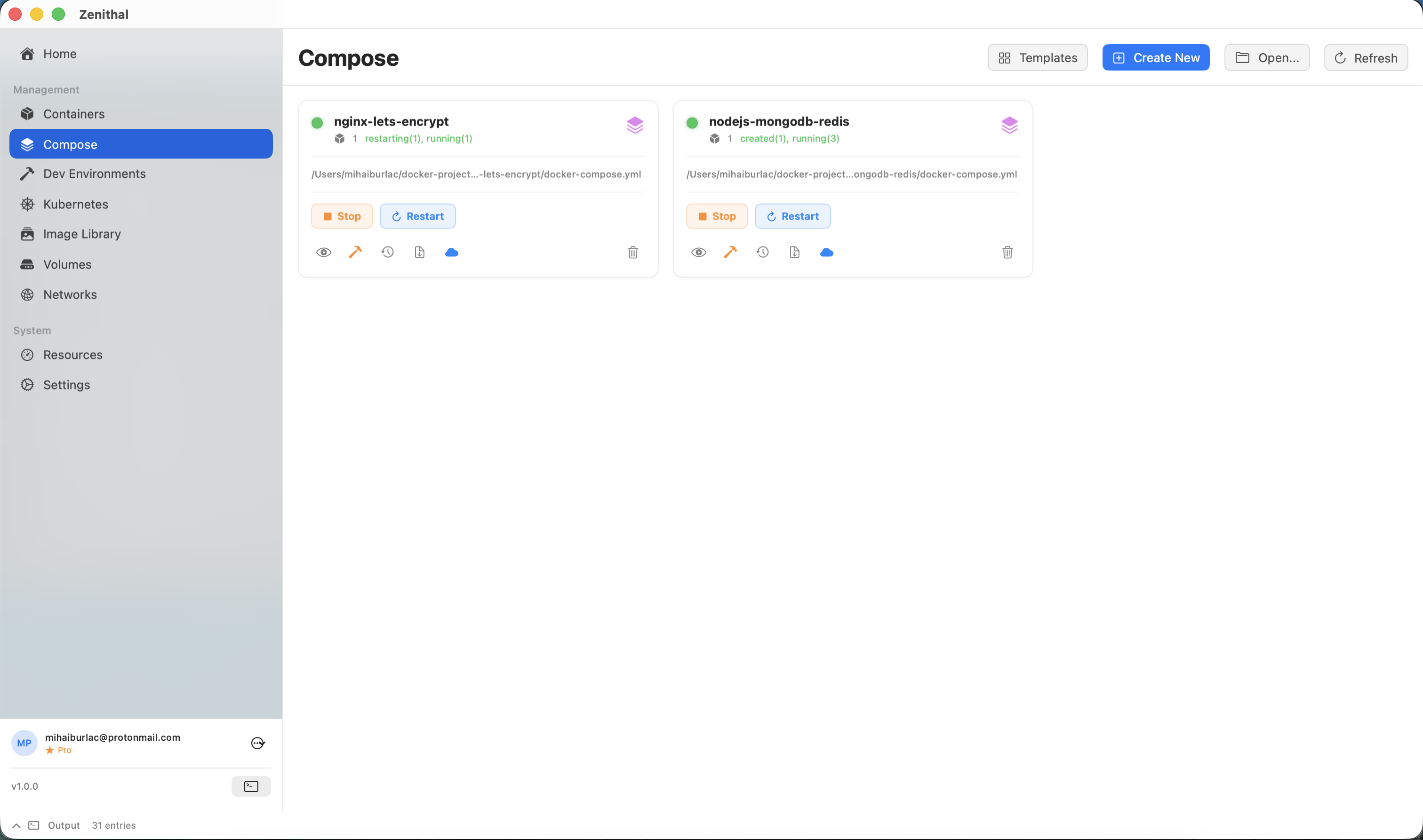 Zenithal Compose projects list showing active projects with service counts and status