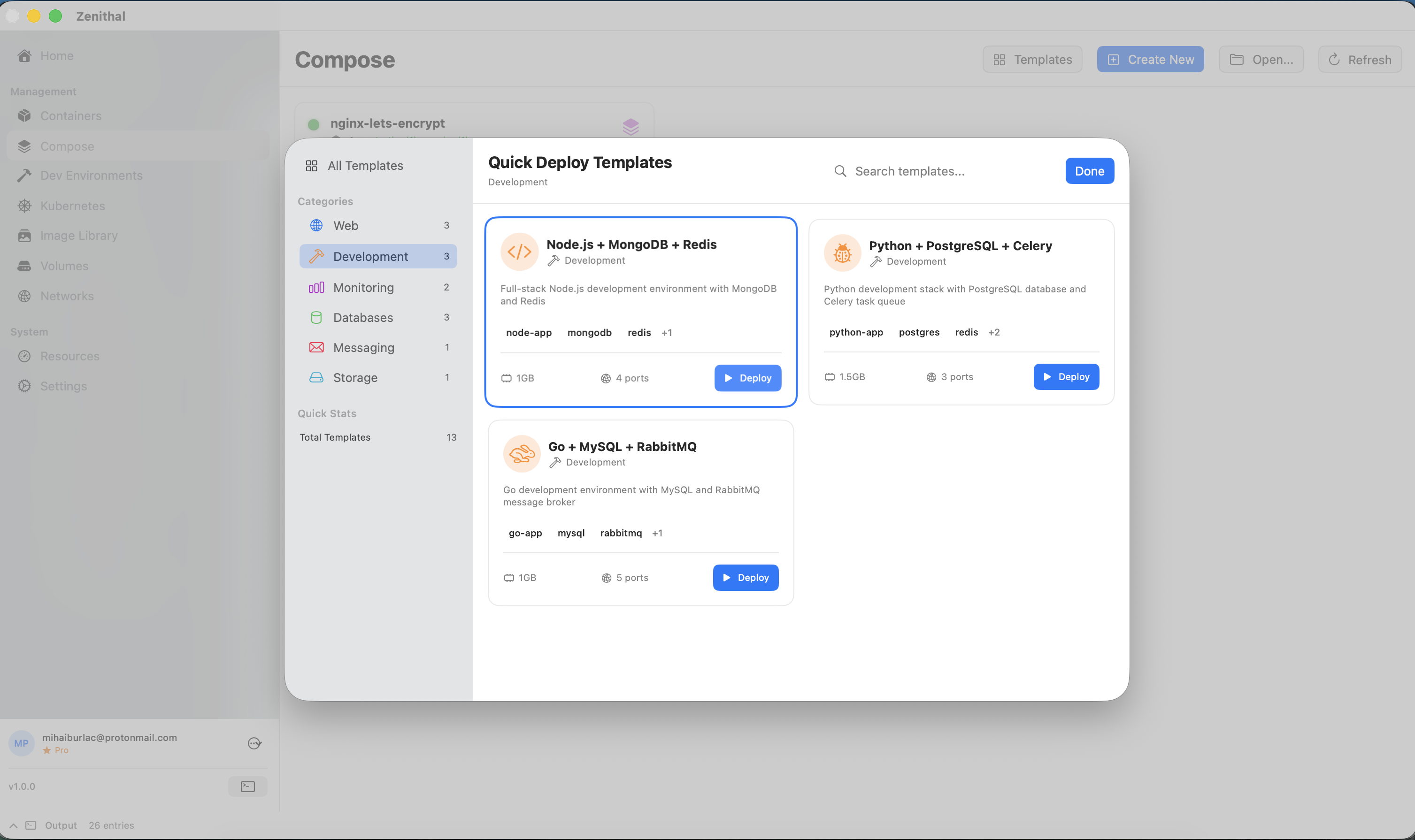 Zenithal Compose quick deploy templates for popular stacks like LAMP, MEAN, and WordPress