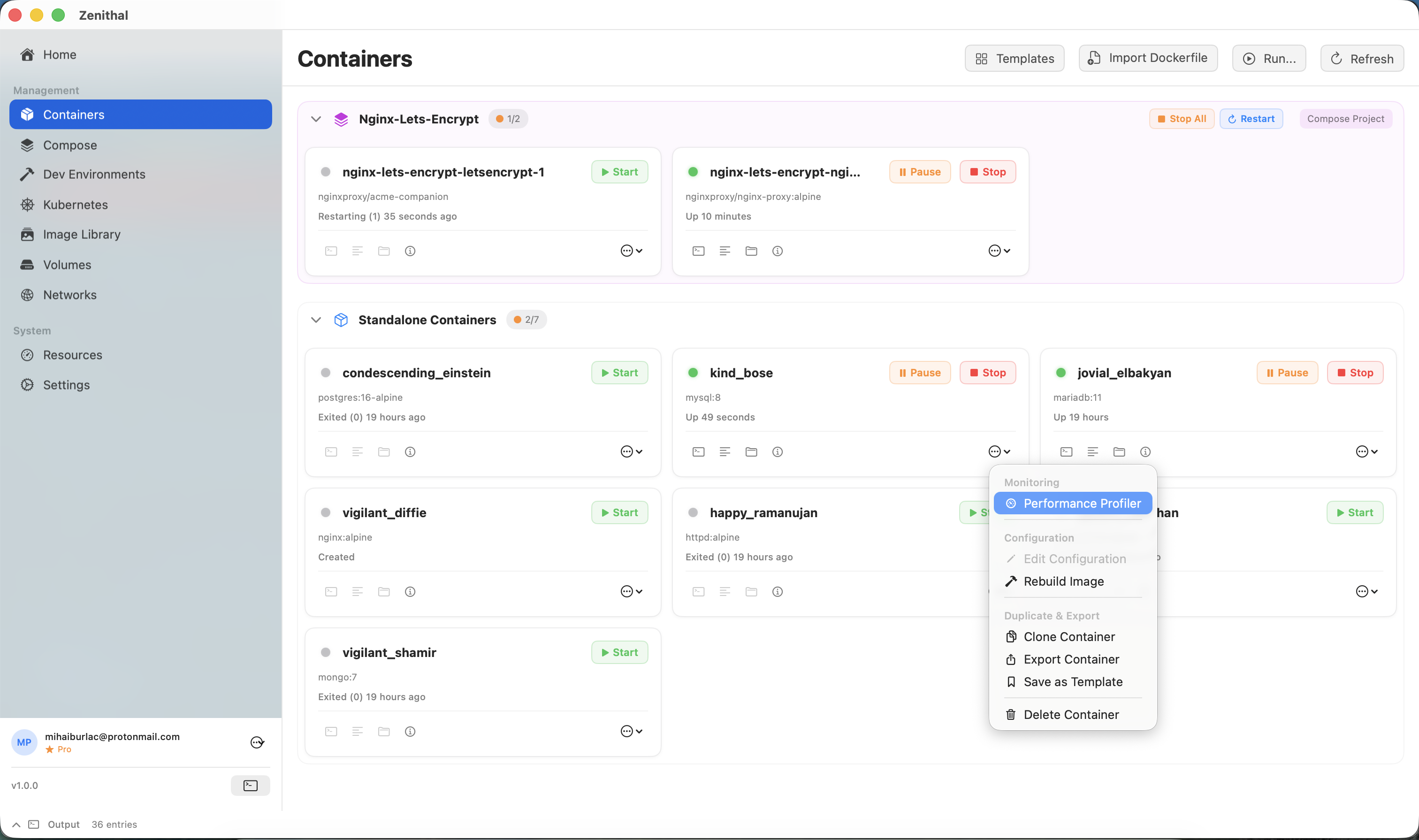 Zenithal container context menu showing advanced actions like clone, export, and performance profiler