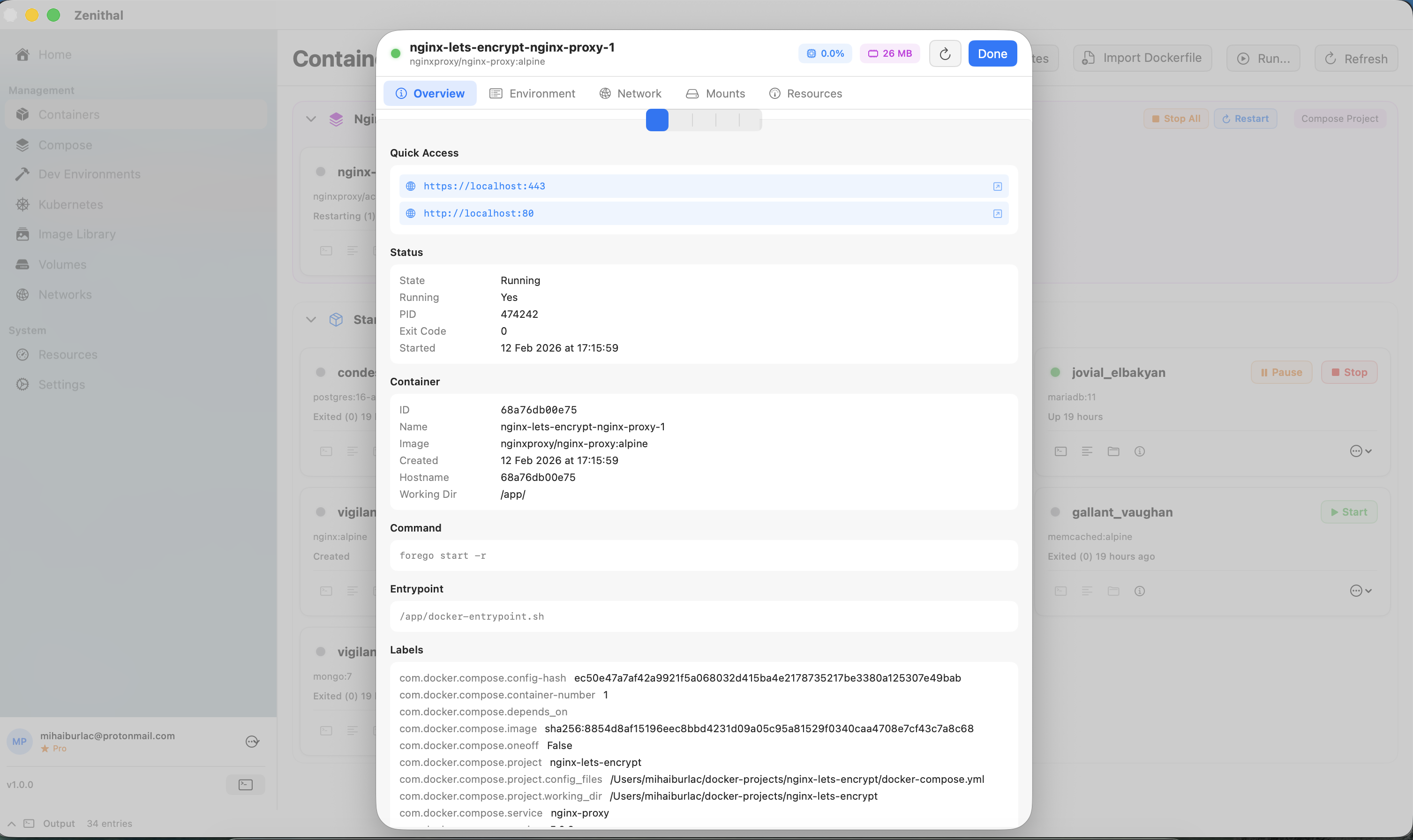 Zenithal container details panel showing overview, ports, and environment configuration