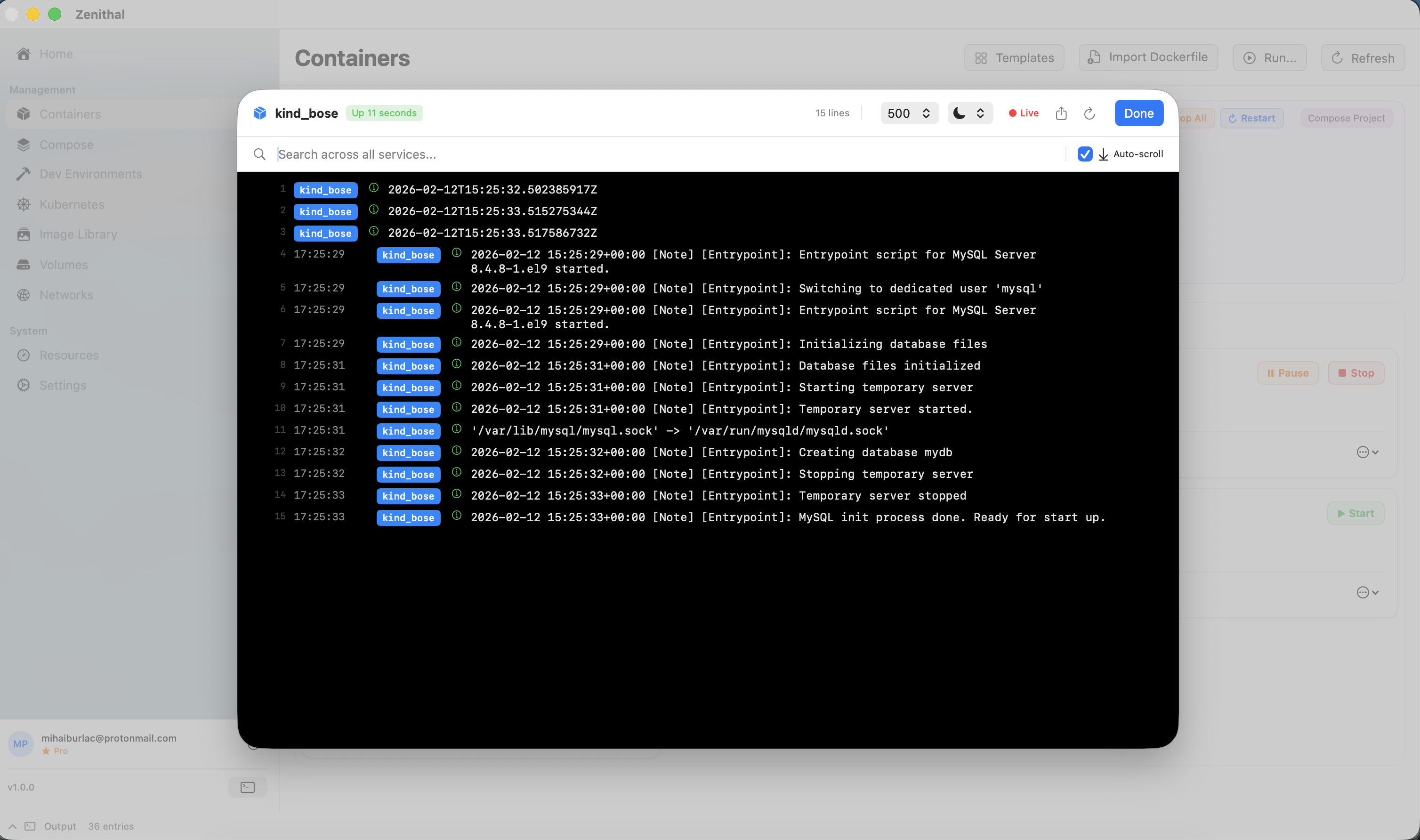 Zenithal container logs view with real-time streaming and search filtering