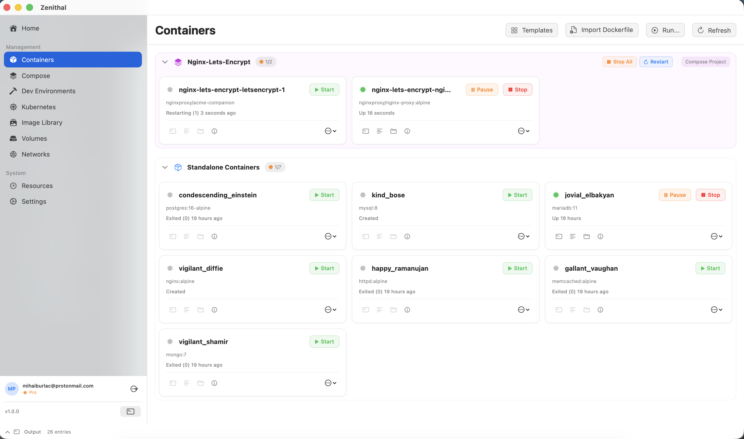 Zenithal container dashboard with containers grouped by Compose project and status indicators
