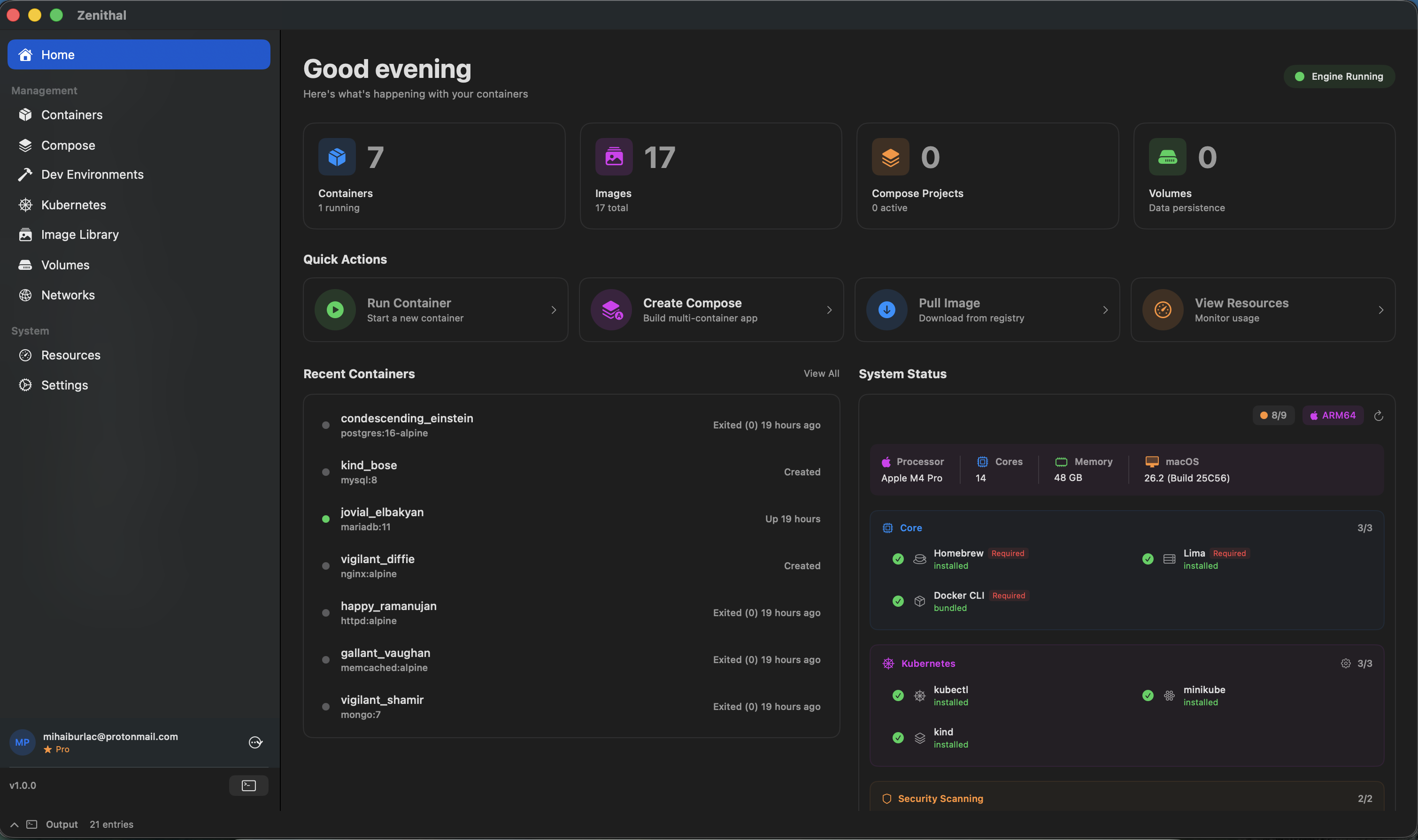 Zenithal dashboard overview in dark mode showing containers and system status