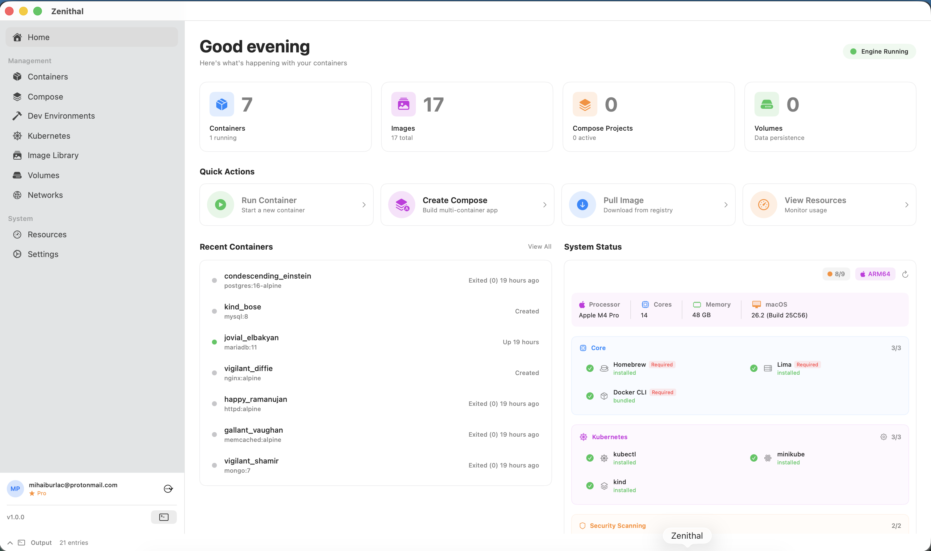 Zenithal dashboard showing Docker containers, images, and system overview