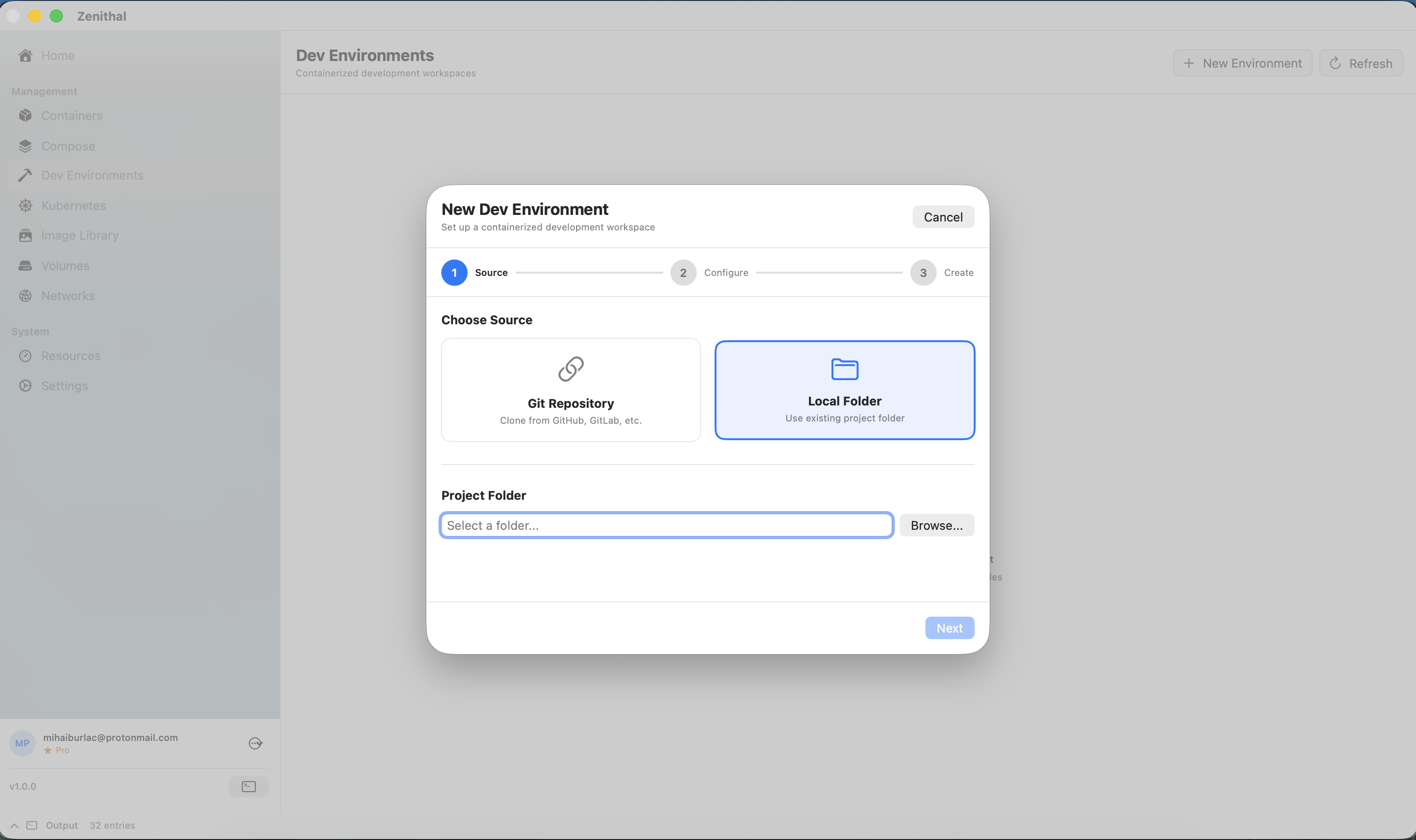 Zenithal dev environments dialog for creating isolated development setups