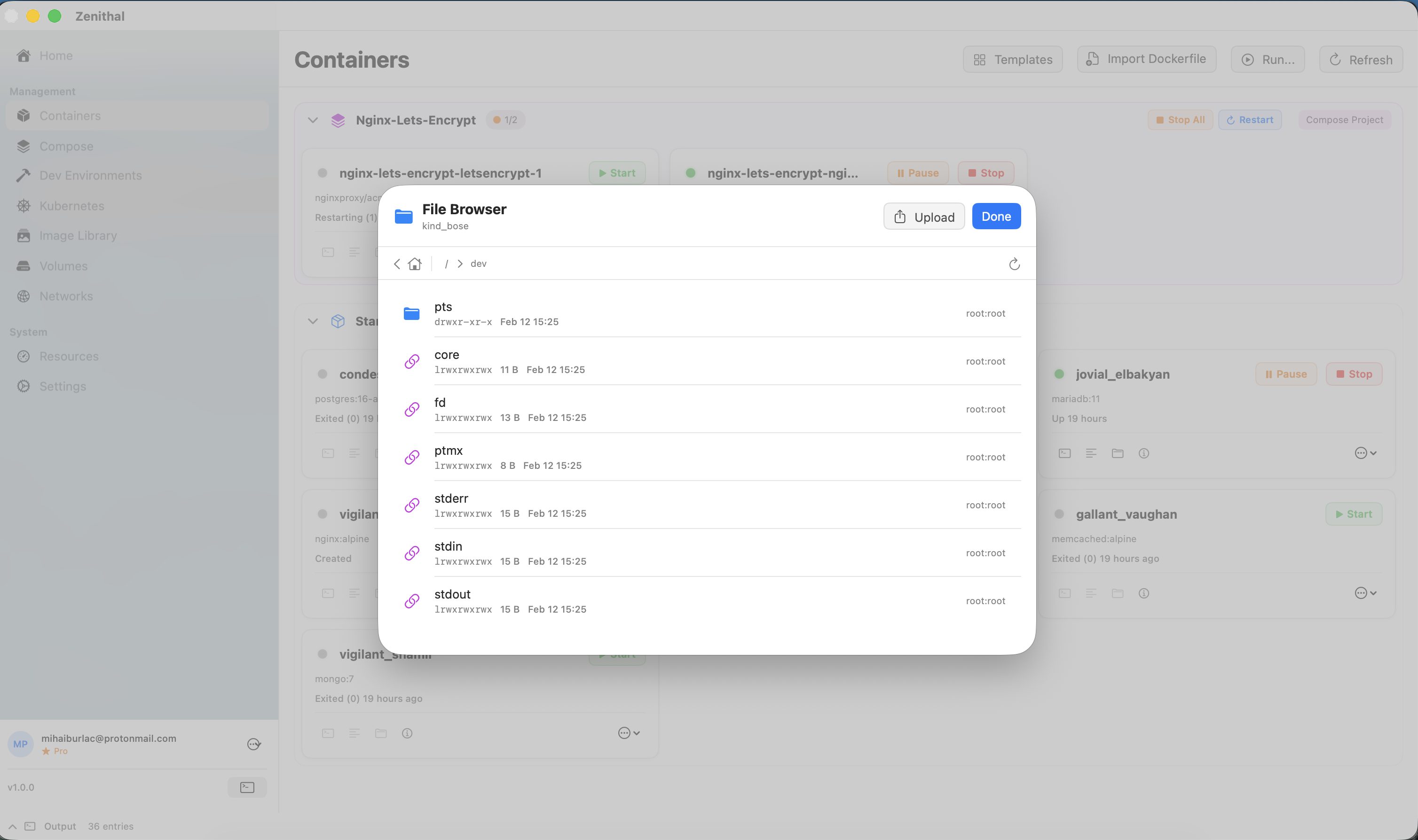 Zenithal container file browser showing filesystem navigation and file details