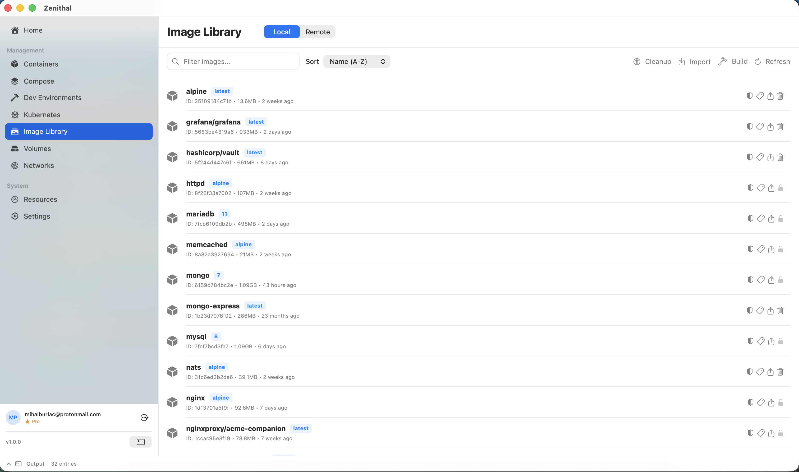 Zenithal local image library showing Docker images with tags, sizes, and actions