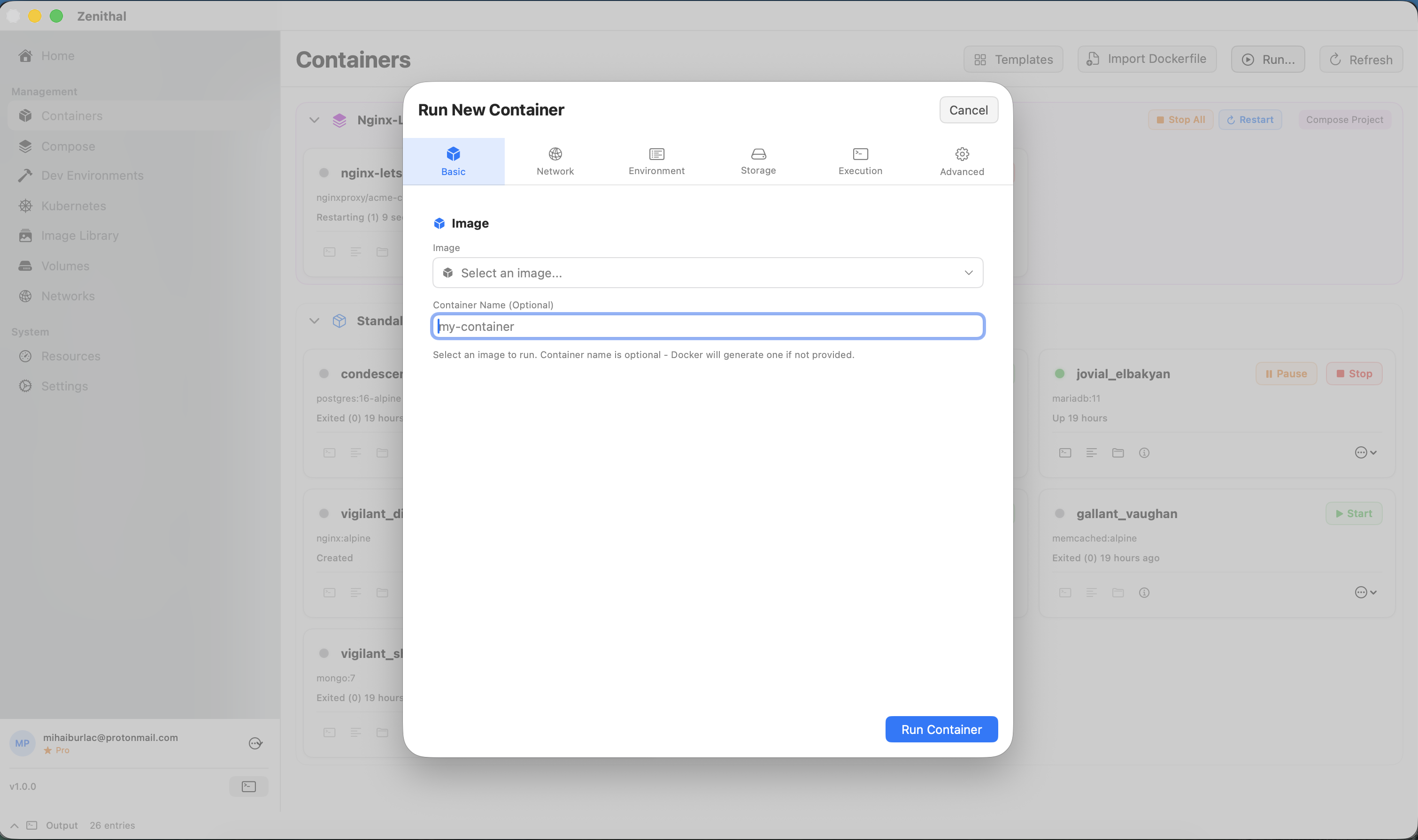 Zenithal new container form with image selection, port mappings, and volume configuration