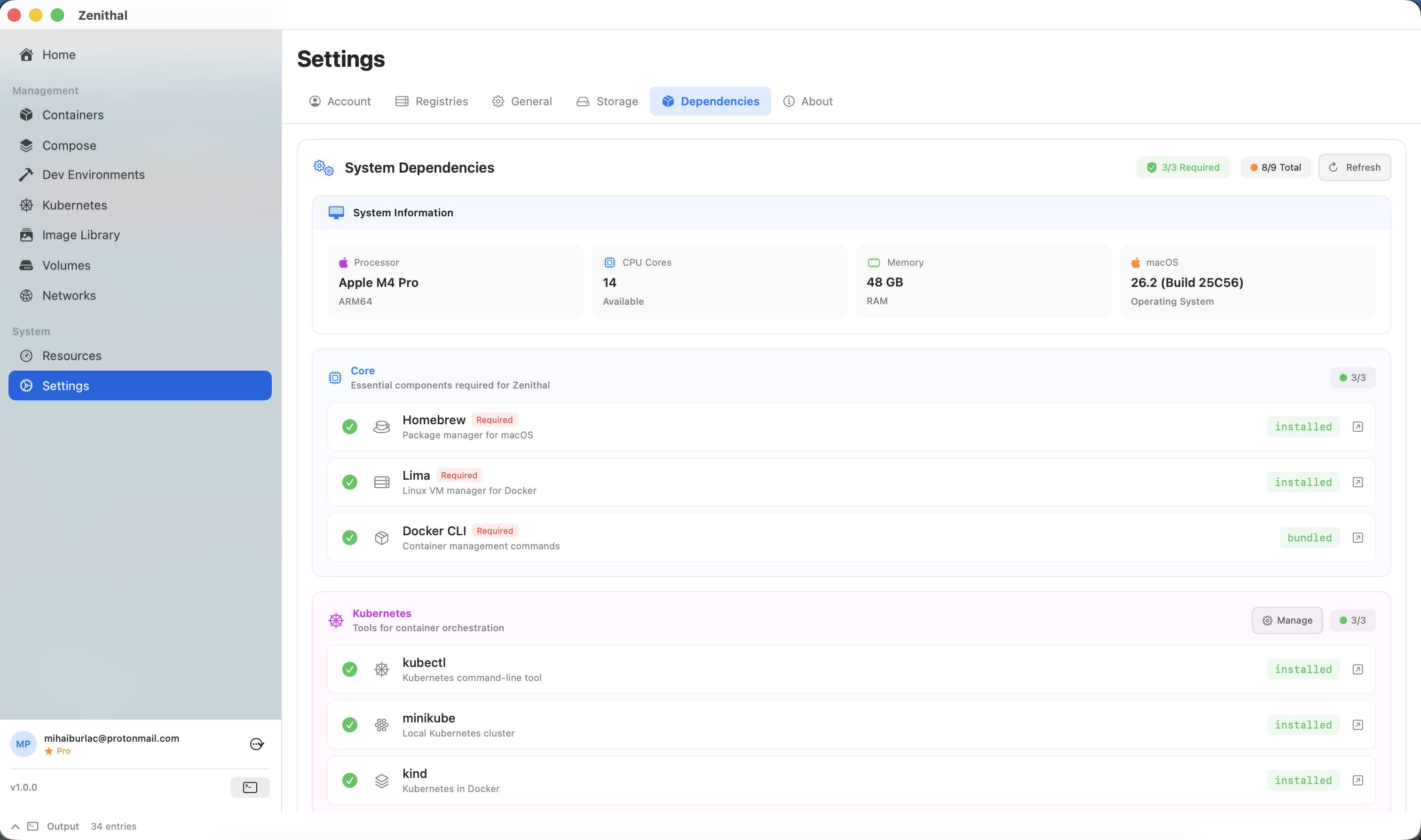 Zenithal dependency setup screen showing system requirements and install status