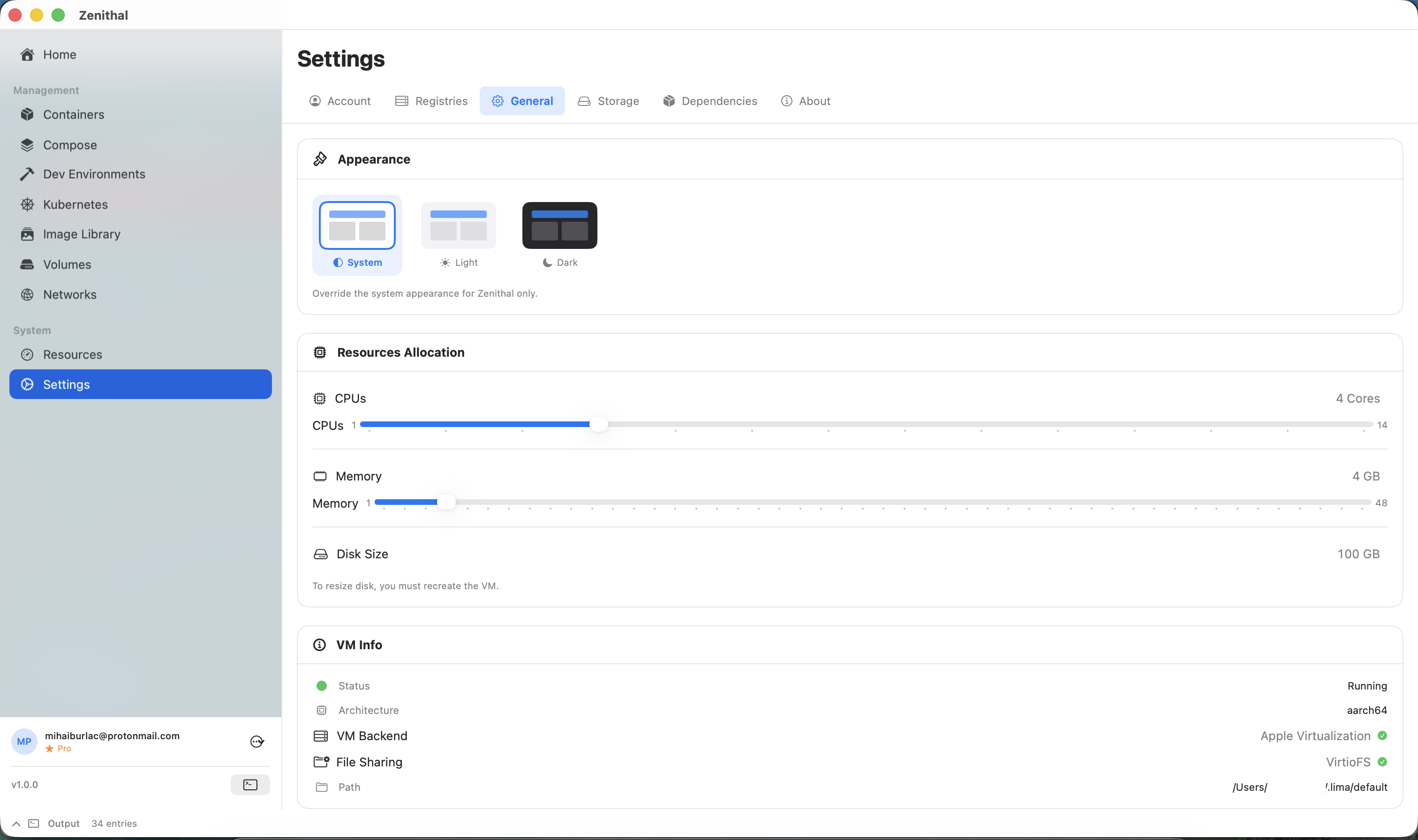 Zenithal general settings showing resource allocation and performance configuration
