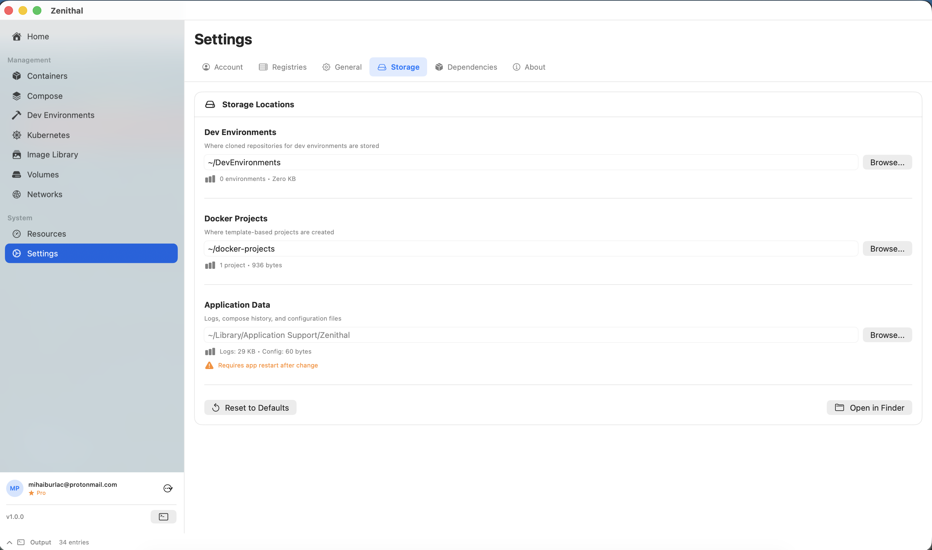 Zenithal storage settings showing disk usage and storage location configuration